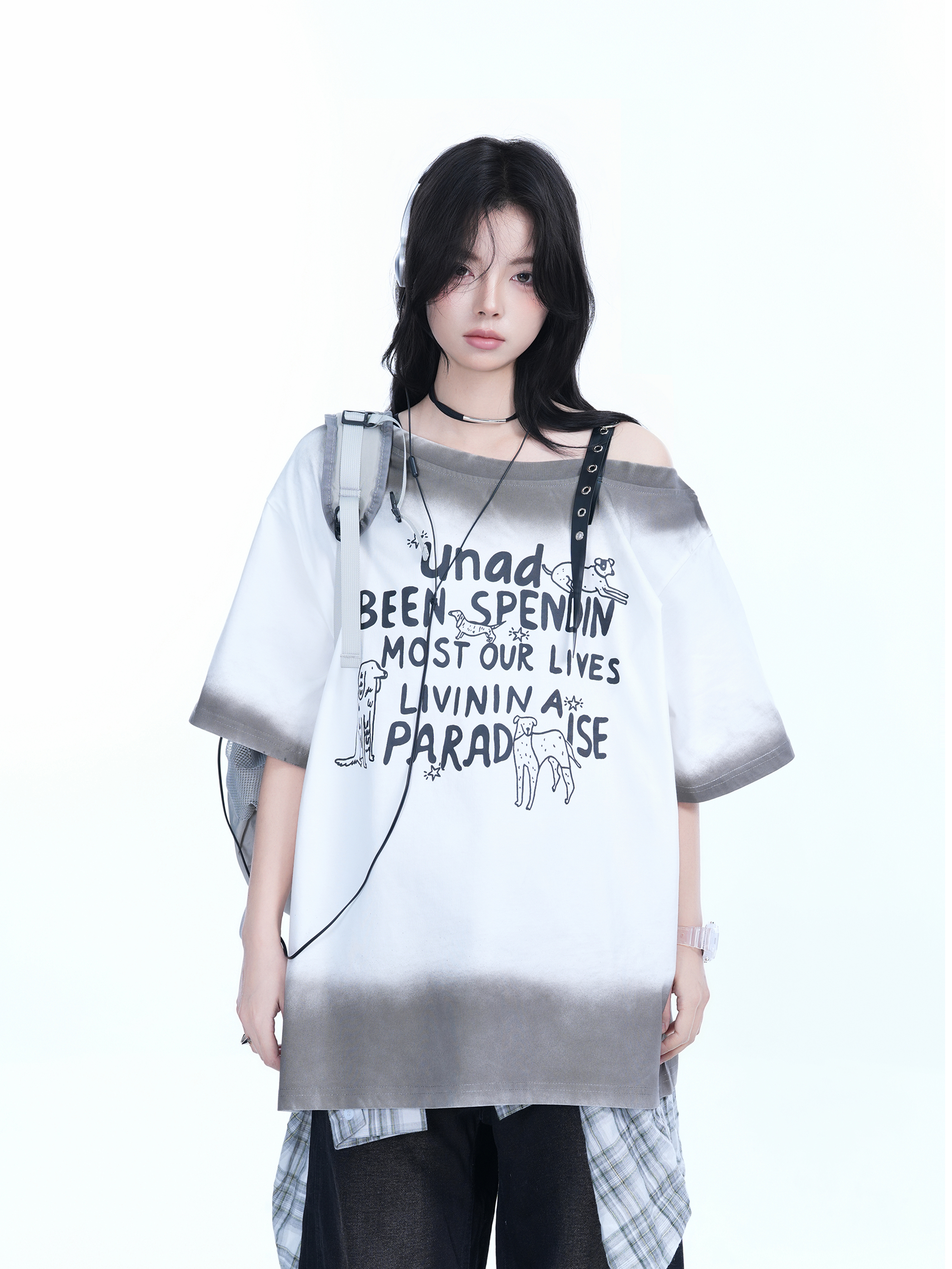 American Gradient Leather Buckle Off-Shoulder Oversized Short Sleeve T-Shirt for Women - Trendy Casual Spicy Girl Style