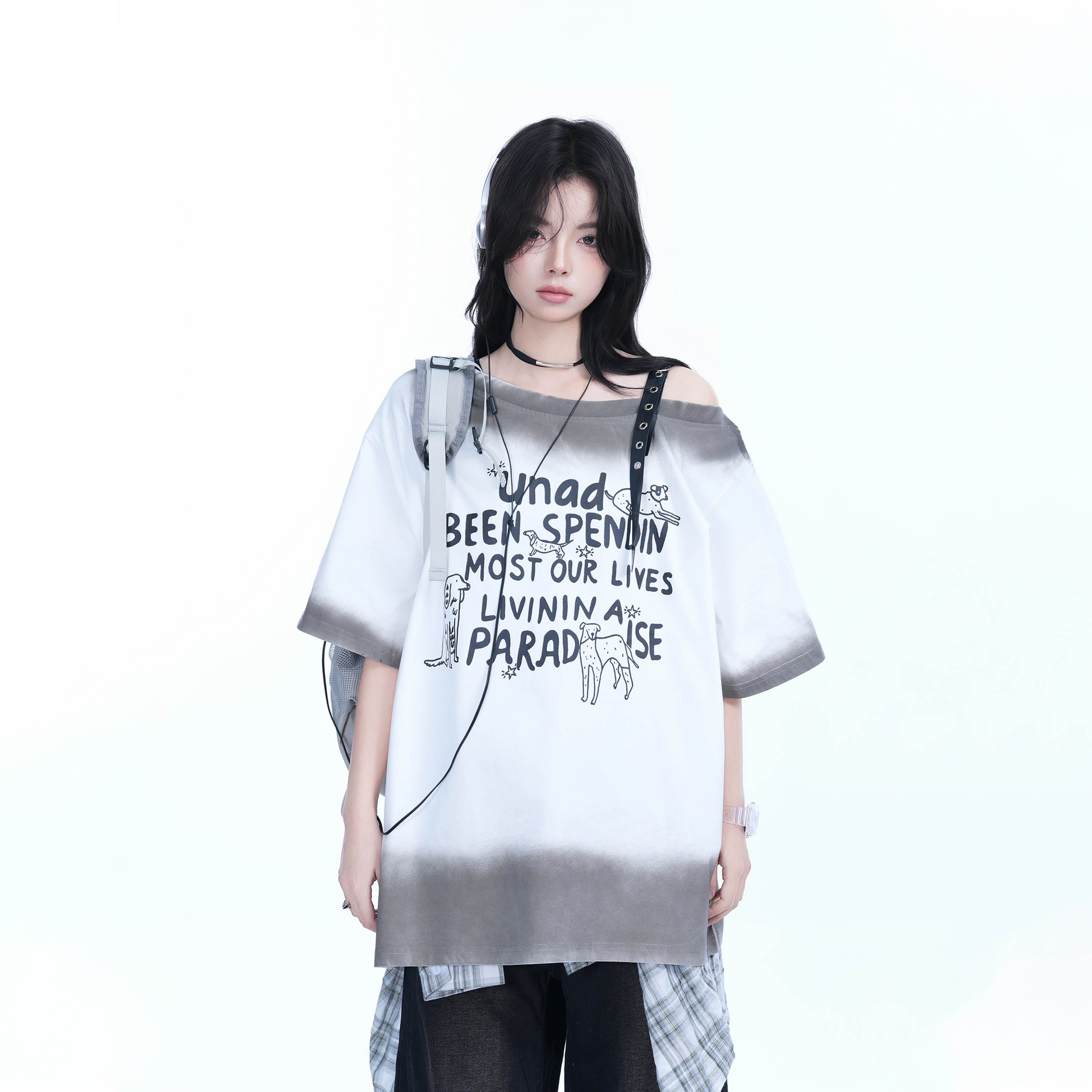 American Gradient Leather Buckle Off-Shoulder Oversized Short Sleeve T-Shirt for Women - Trendy Casual Spicy Girl Style