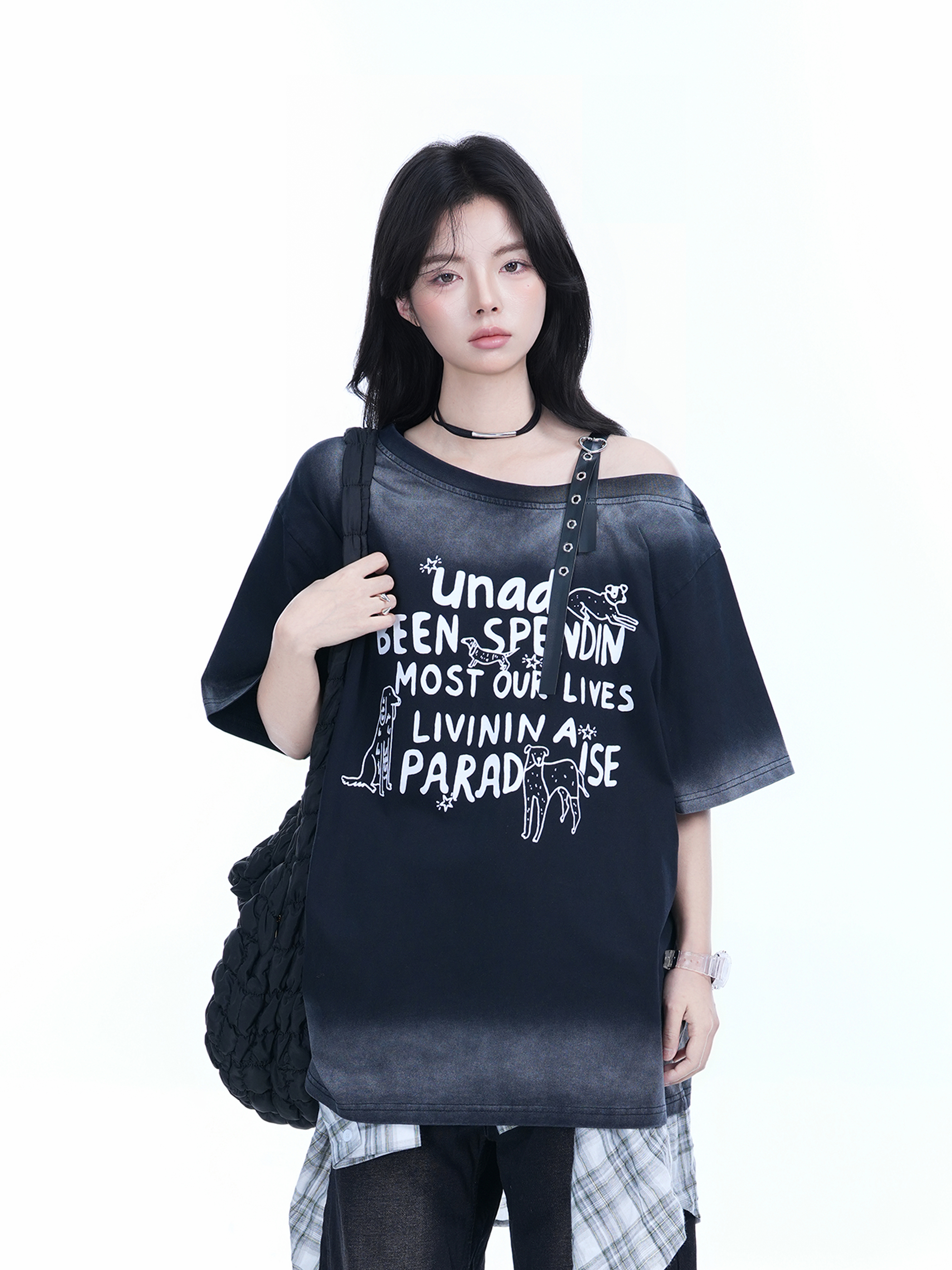 American Gradient Leather Buckle Off-Shoulder Oversized Short Sleeve T-Shirt for Women - Trendy Casual Spicy Girl Style