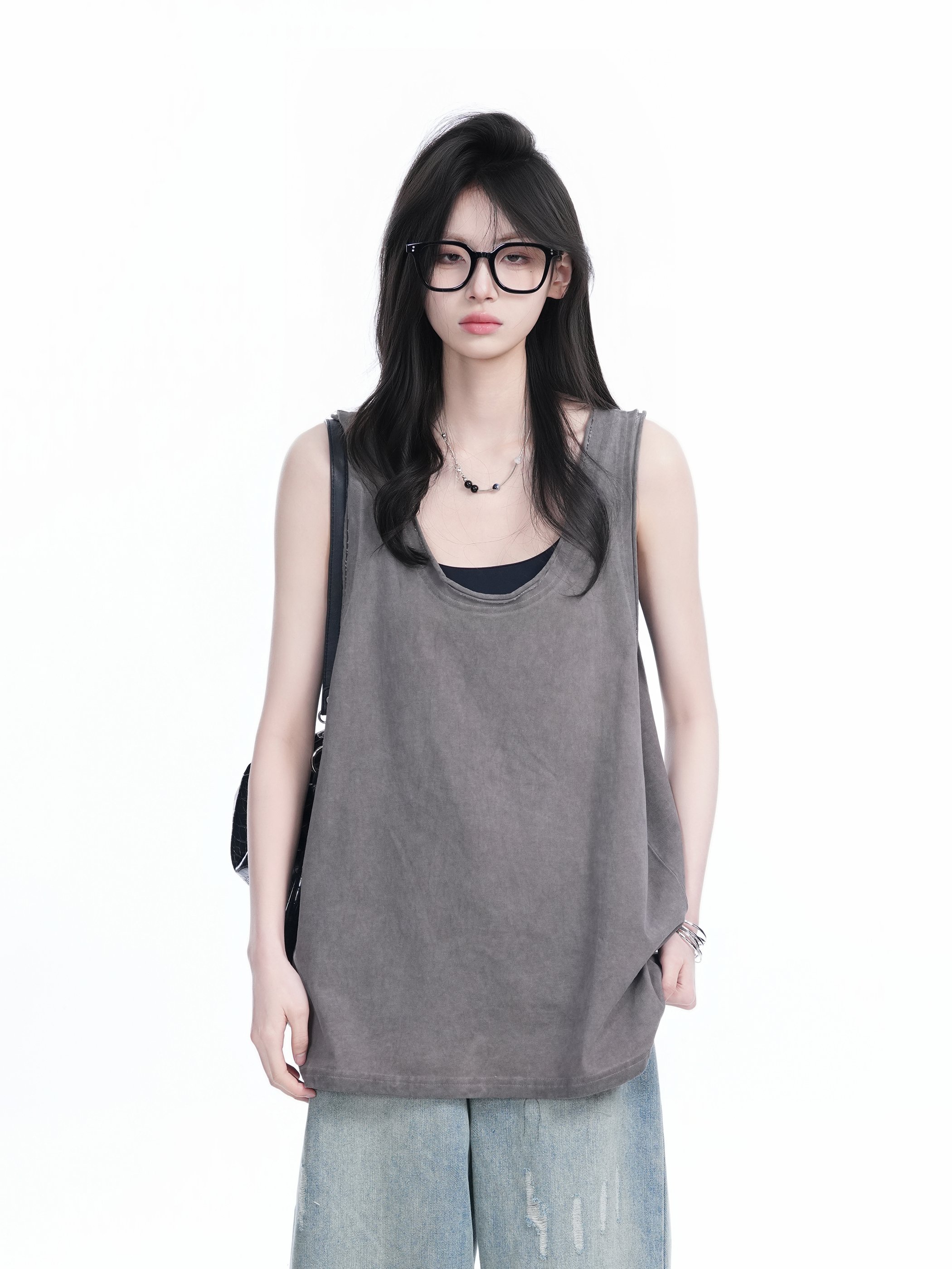American Hip-Hop Distressed Rolled-Edge Tank Top for Women - Oversized Loose Sleeveless Tee, Trendy 90s Style