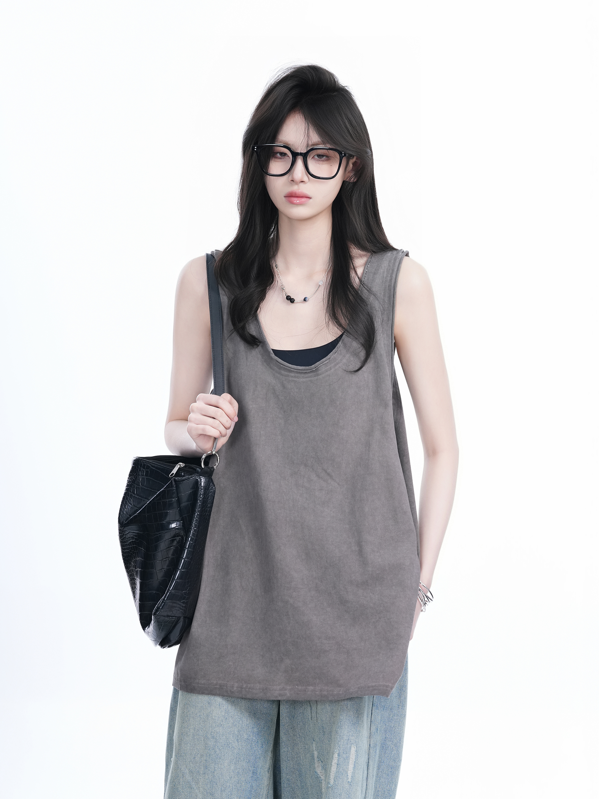 American Hip-Hop Distressed Rolled-Edge Tank Top for Women - Oversized Loose Sleeveless Tee, Trendy 90s Style