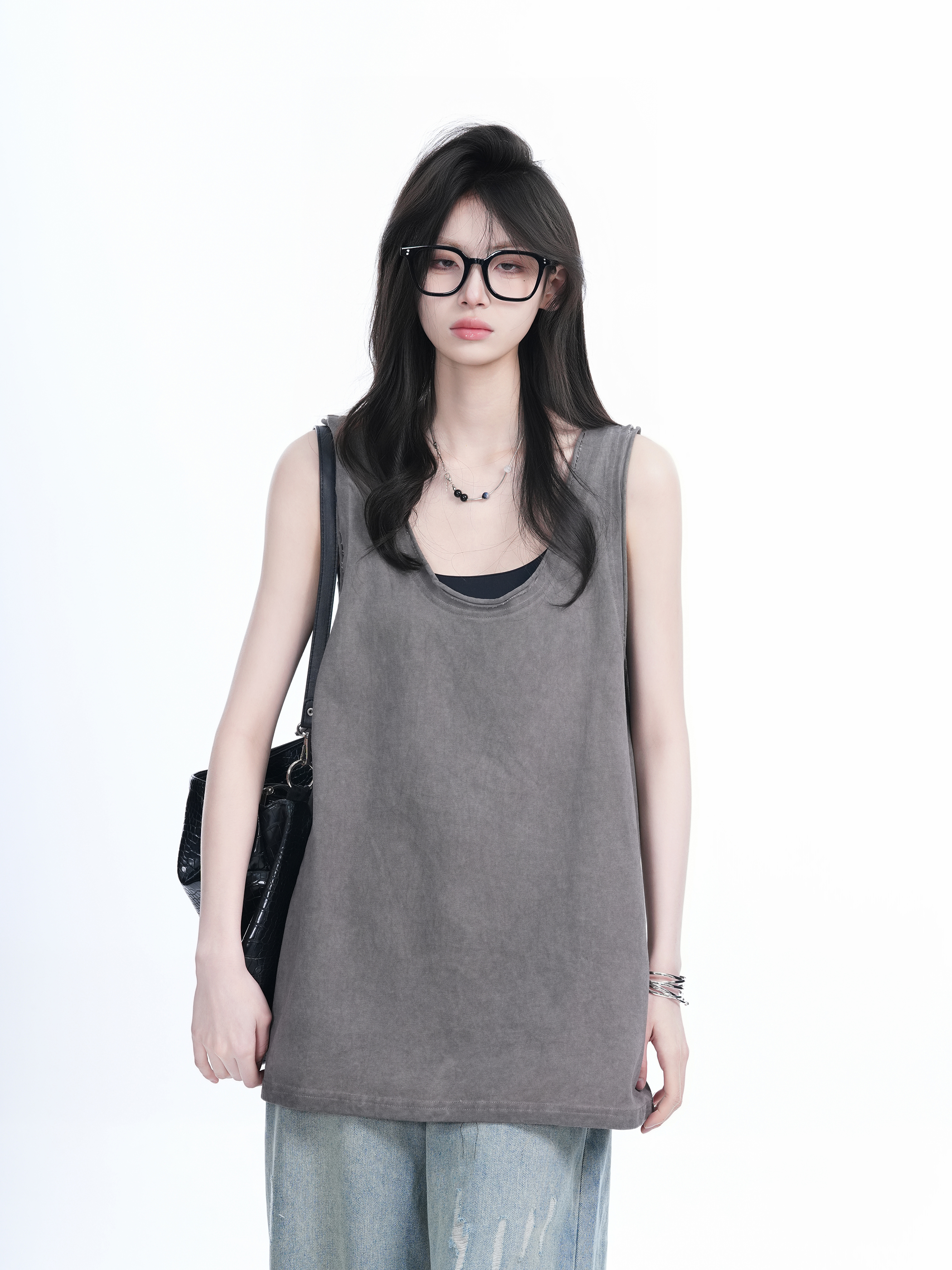 American Hip-Hop Distressed Rolled-Edge Tank Top for Women - Oversized Loose Sleeveless Tee, Trendy 90s Style