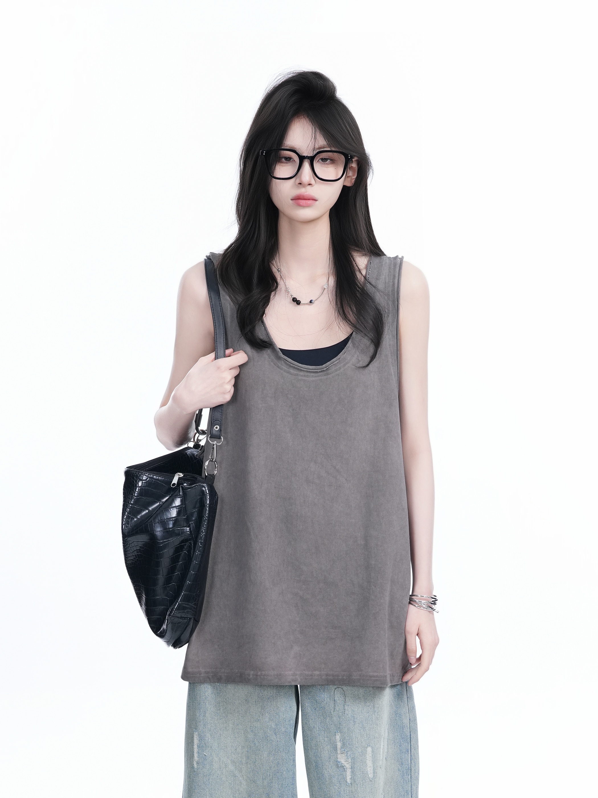 American Hip-Hop Distressed Rolled-Edge Tank Top for Women - Oversized Loose Sleeveless Tee, Trendy 90s Style