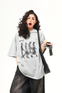 American Retro Blurry Portrait Print Short Sleeve T-Shirt for Men and Women - Summer Round Neck Pure Cotton Couple Tee