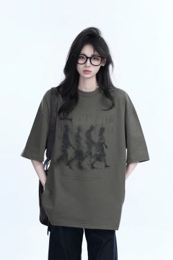 American Retro Character Black Short-Sleeve T-Shirt for Women - Summer Heavy Loose Round Neck Trendy Tee