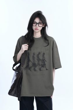 American Retro Character Black Short-Sleeve T-Shirt for Women - Summer Heavy Loose Round Neck Trendy Tee