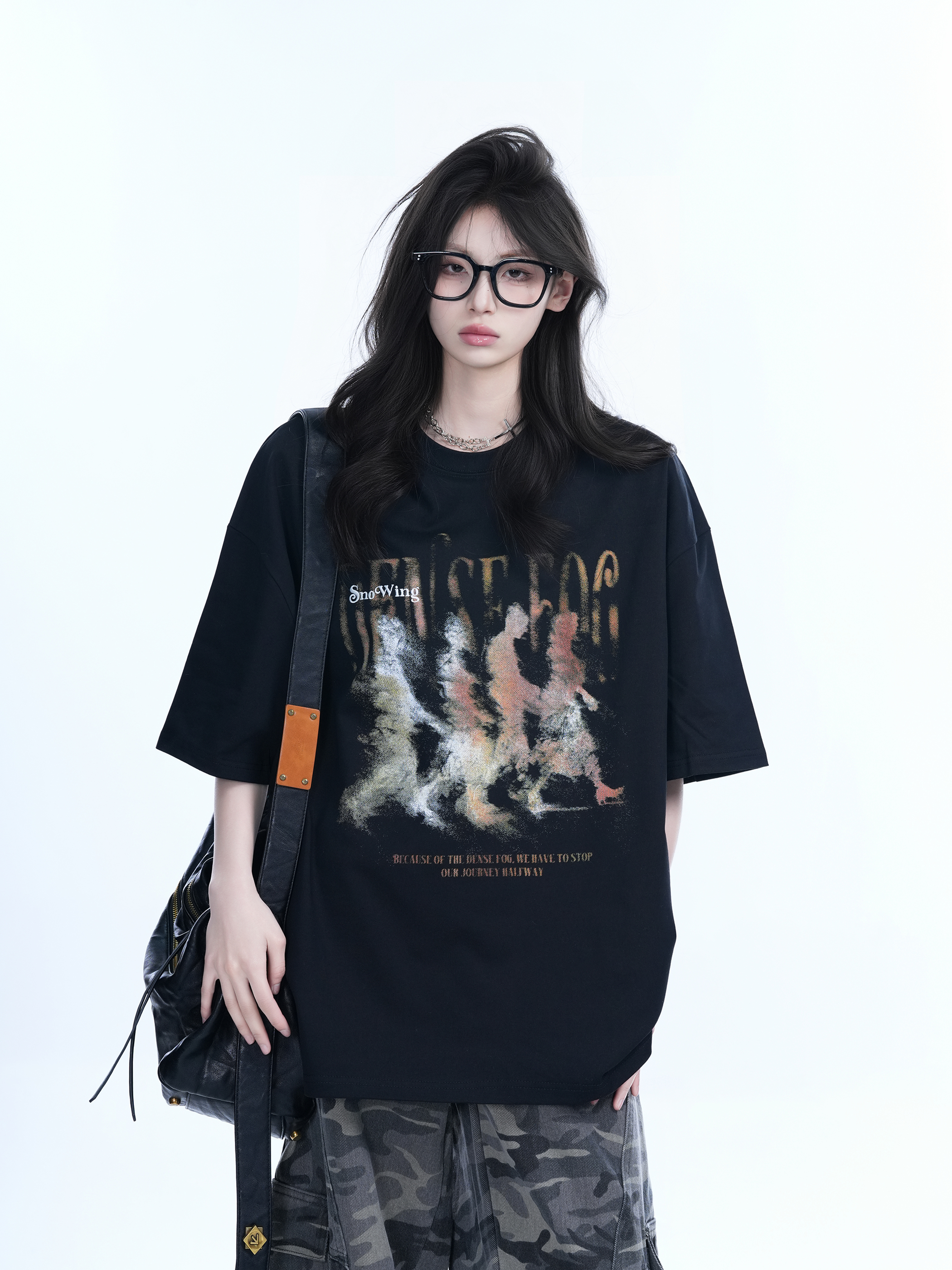 American Retro Character Black Short-Sleeve T-Shirt for Women - Summer Heavy Loose Round Neck Trendy Tee