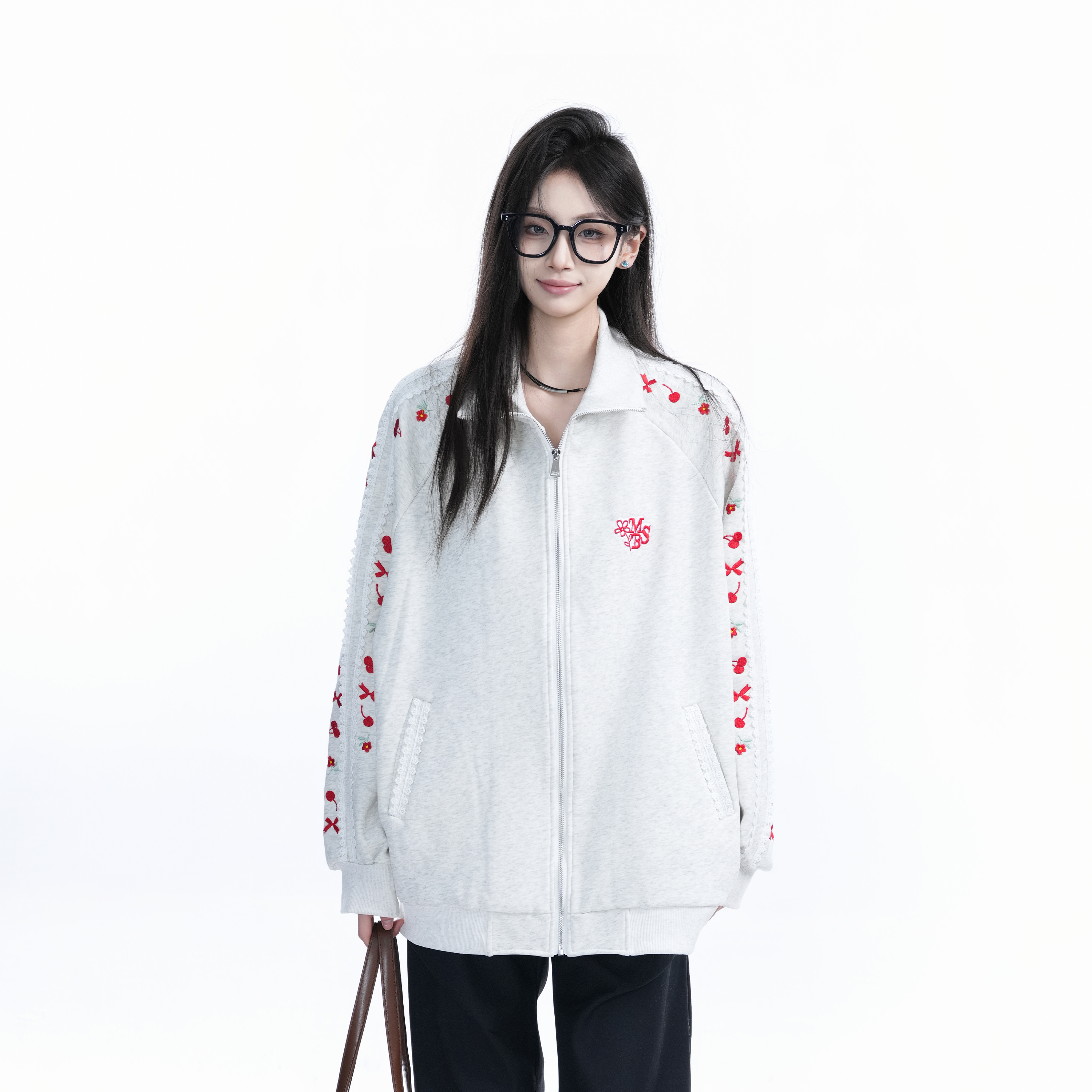American Retro Cherry Bow Embroidered Cardigan Sweatshirt for Women - Plush Loose Zip-Up Jacket, Y2K Inspired Fashion