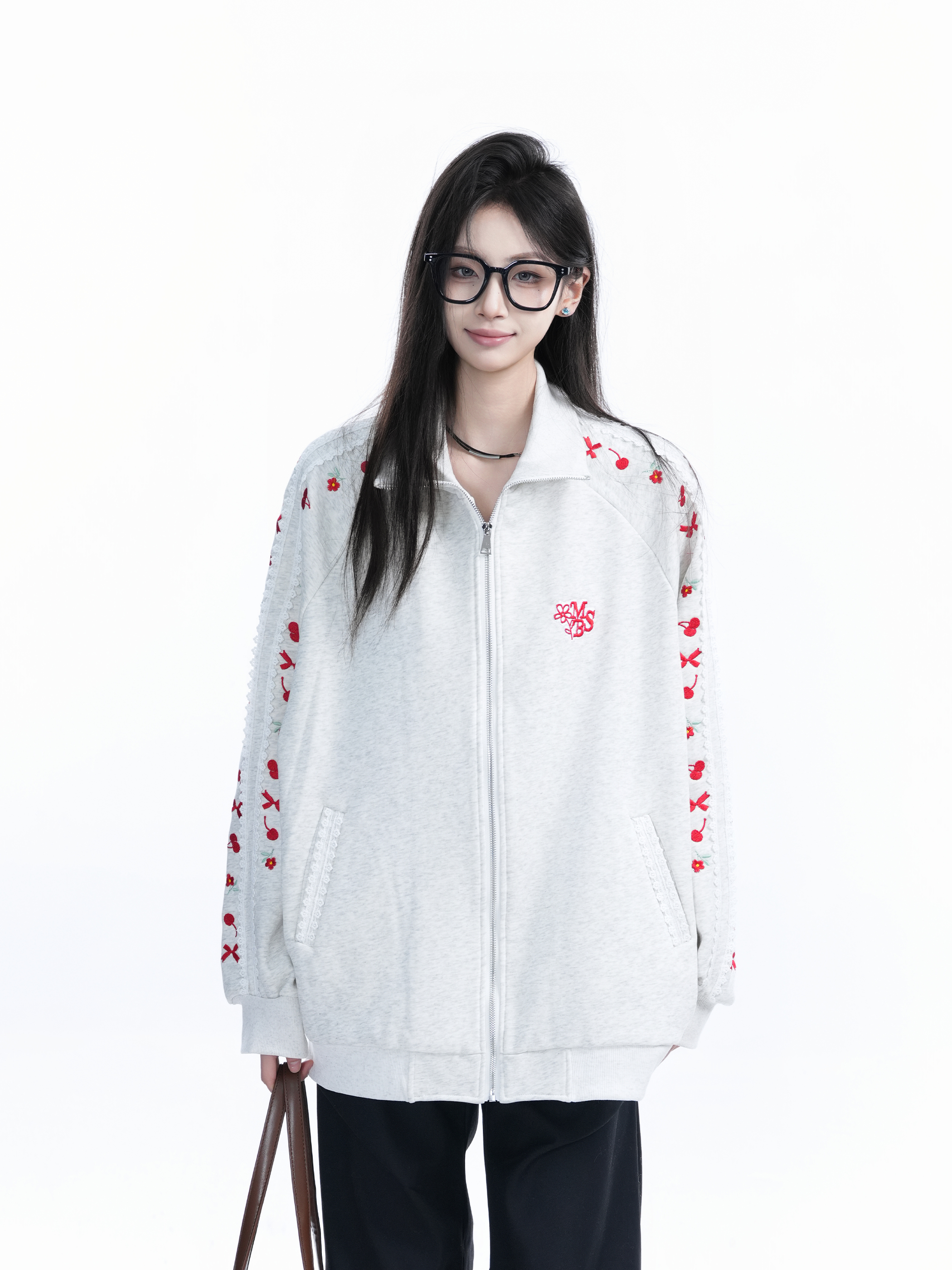 American Retro Cherry Bow Embroidered Cardigan Sweatshirt for Women - Plush Loose Zip-Up Jacket, Y2K Inspired Fashion
