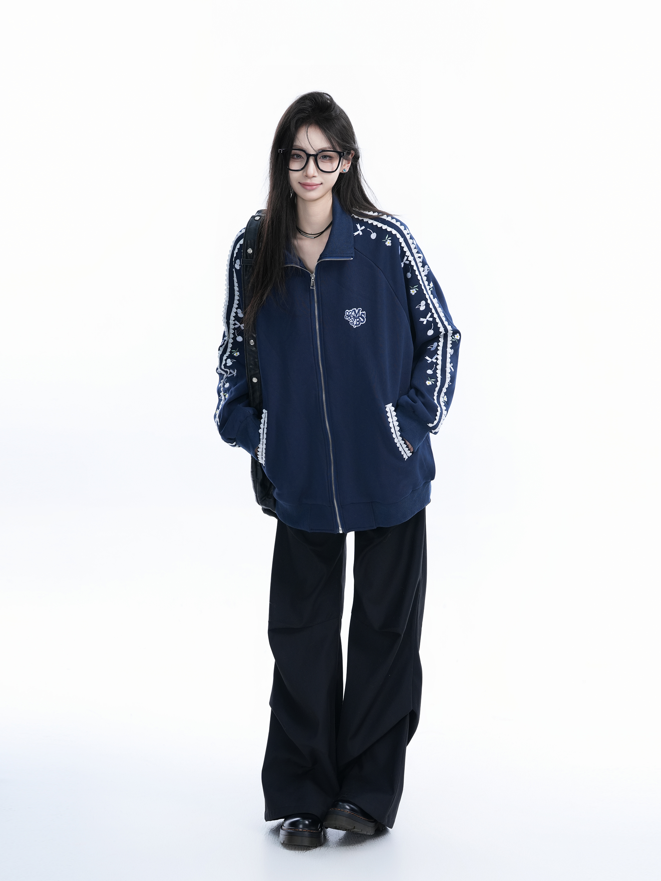 American Retro Cherry Bow Embroidered Cardigan Sweatshirt for Women - Plush Loose Zip-Up Jacket, Y2K Inspired Fashion