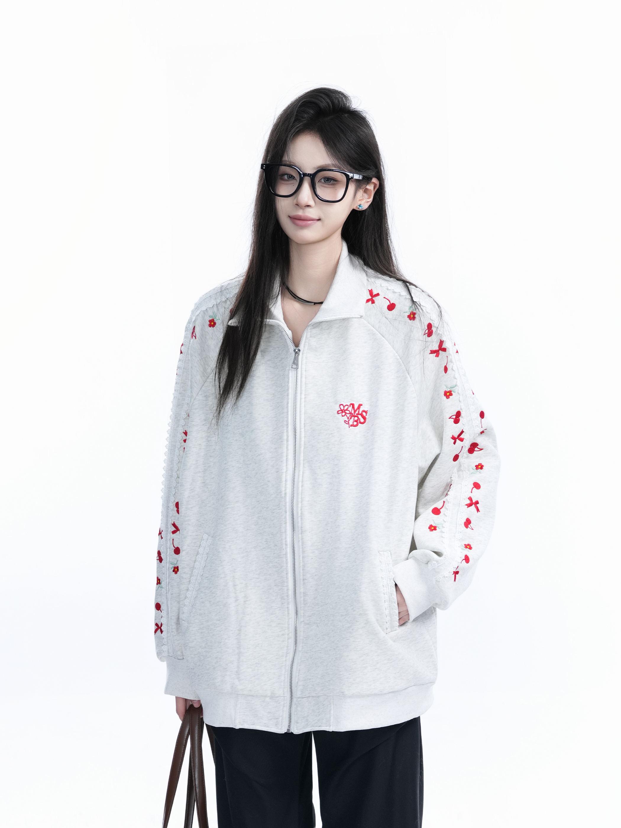 American Retro Cherry Bow Embroidered Cardigan Sweatshirt for Women - Plush Loose Zip-Up Jacket, Y2K Inspired Fashion