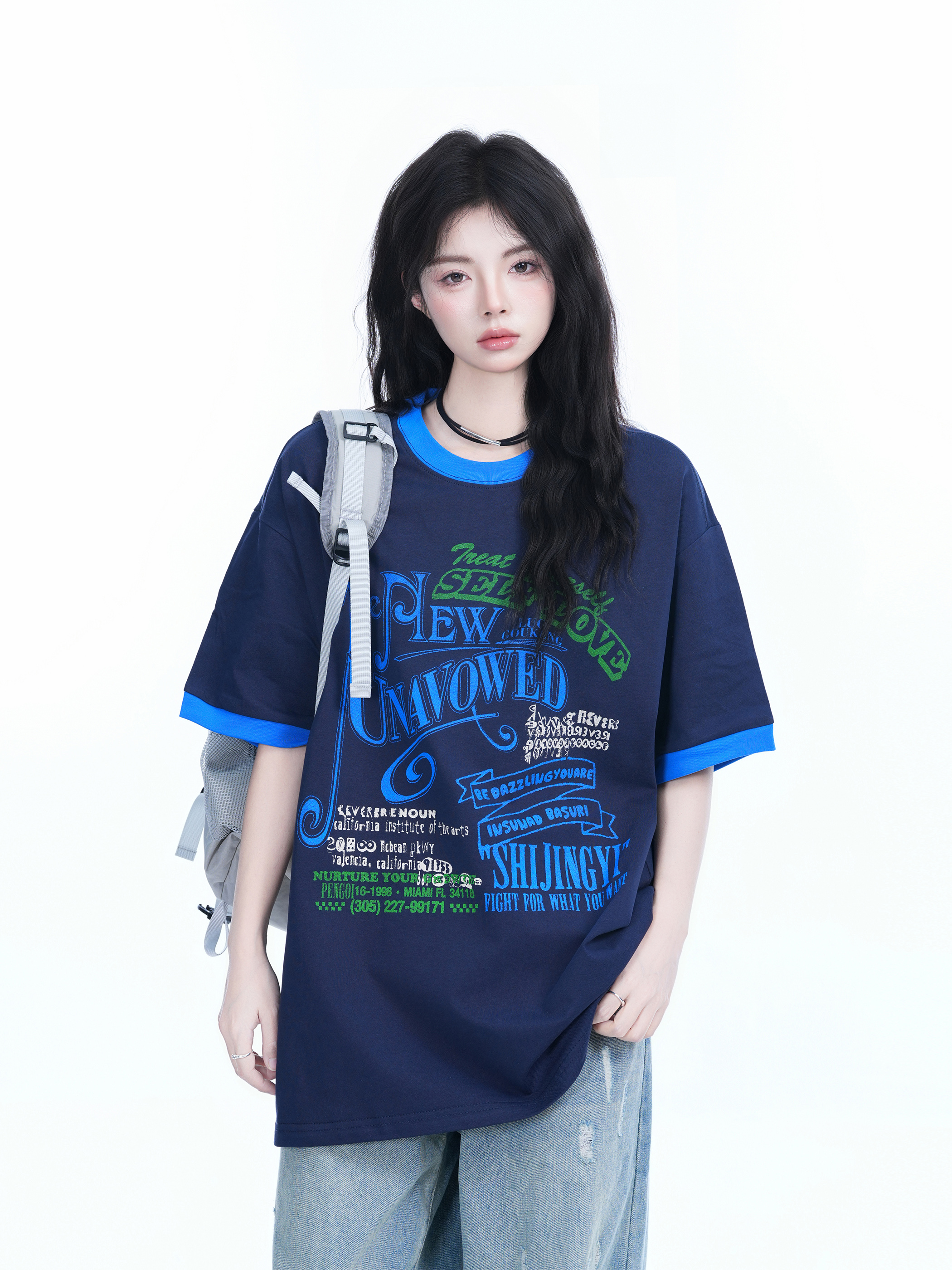 American Retro Color-Block Round Neck Short Sleeve T-Shirt for Women - Loose Fit Summer Style, Casual Couple Top