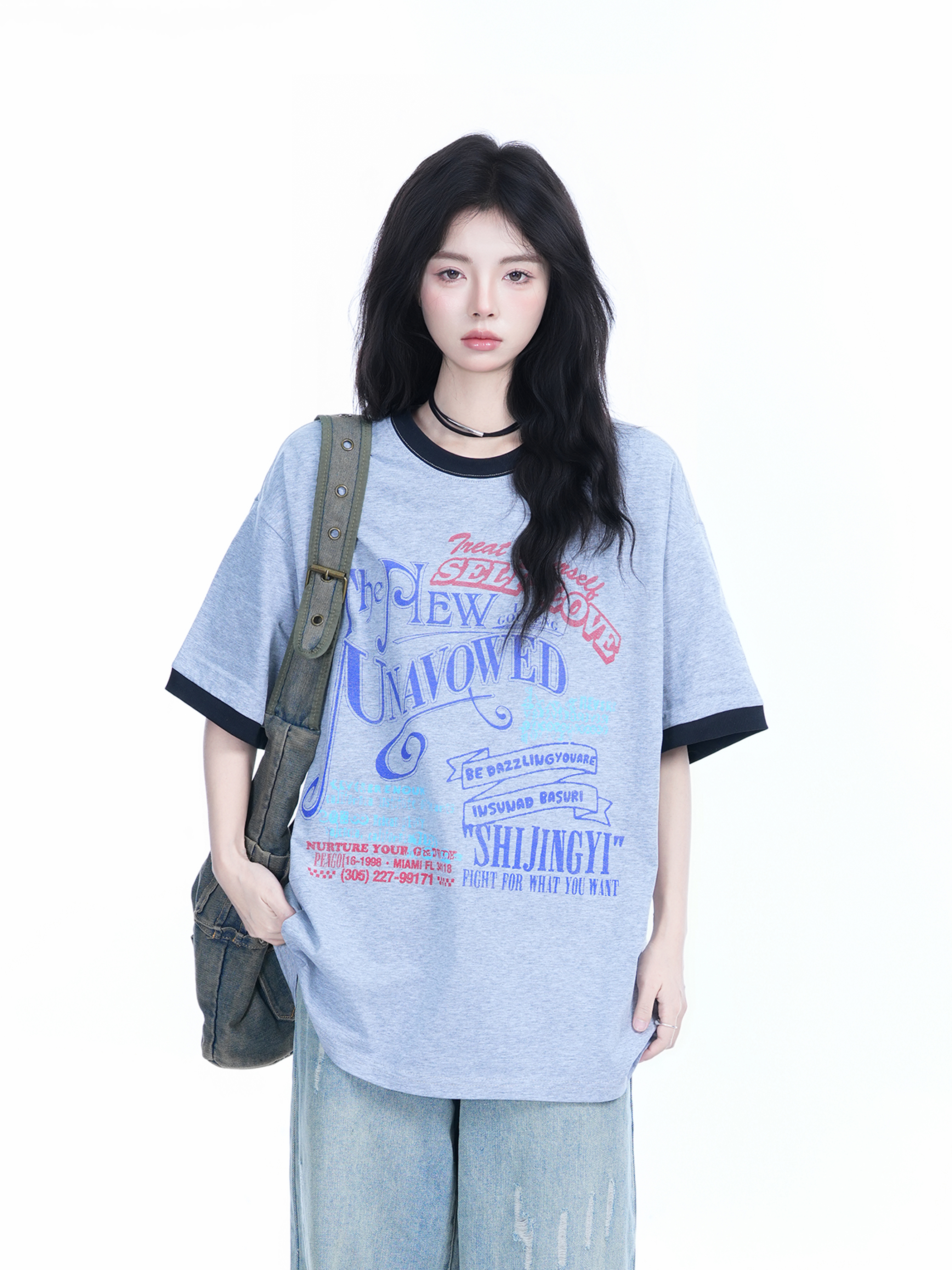 American Retro Color-Block Round Neck Short Sleeve T-Shirt for Women - Loose Fit Summer Style, Casual Couple Top