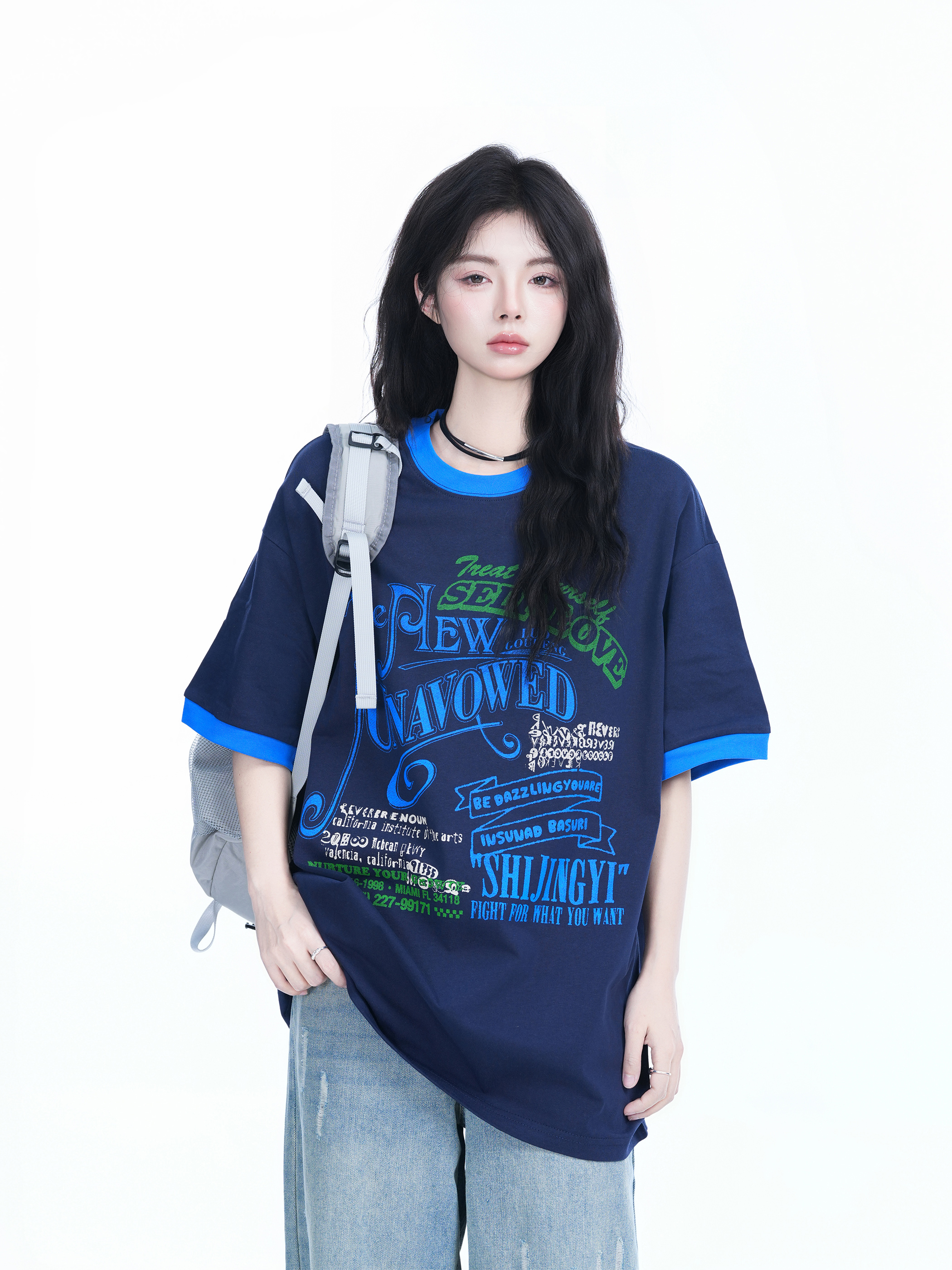 American Retro Color-Block Round Neck Short Sleeve T-Shirt for Women - Loose Fit Summer Style, Casual Couple Top