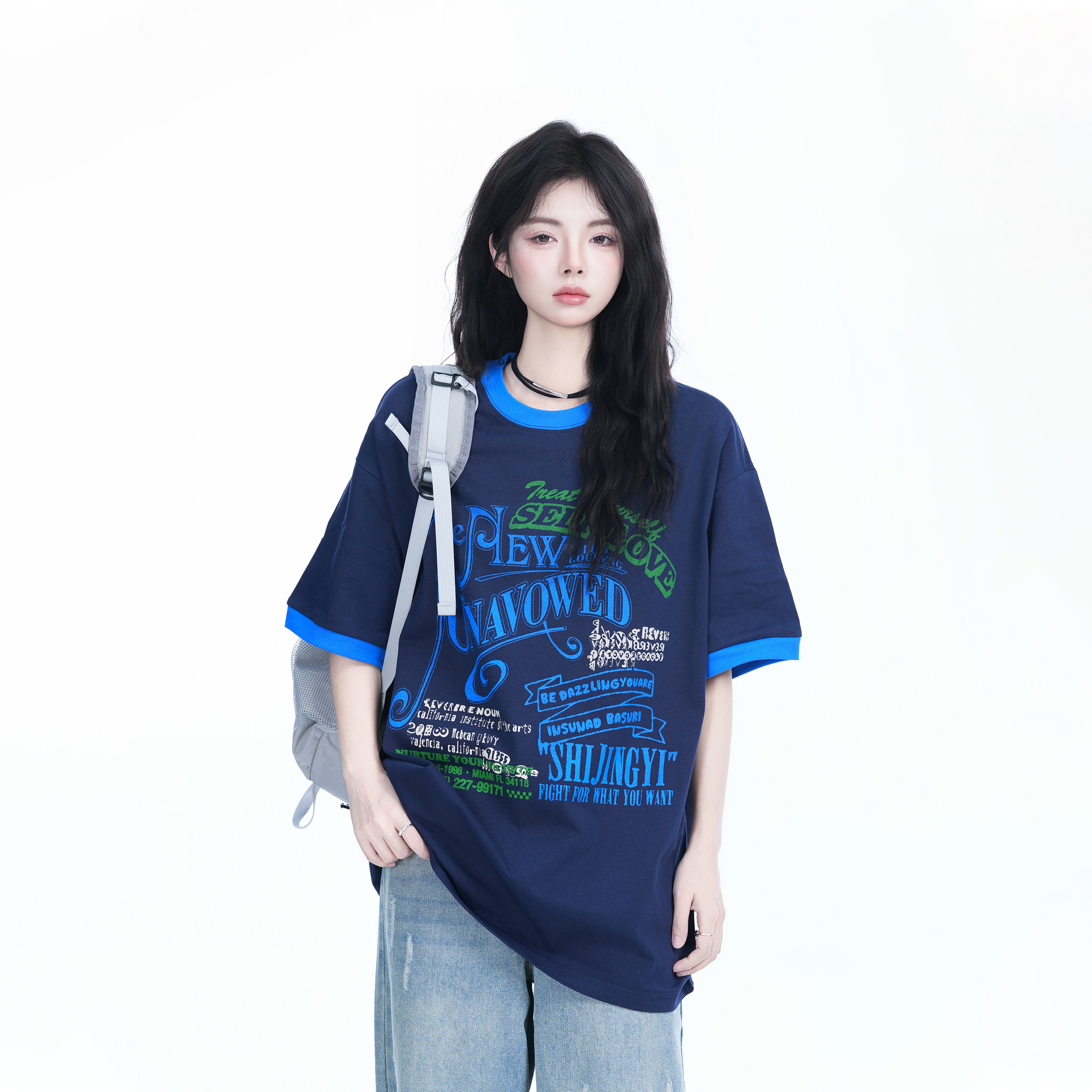American Retro Color-Block Round Neck Short Sleeve T-Shirt for Women - Loose Fit Summer Style, Casual Couple Top