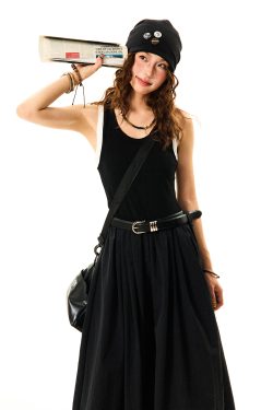 American Retro Color-Blocking A-Line Dress for Women, Summer Slim Fit Long Dress, Vintage 90s Style Fashion