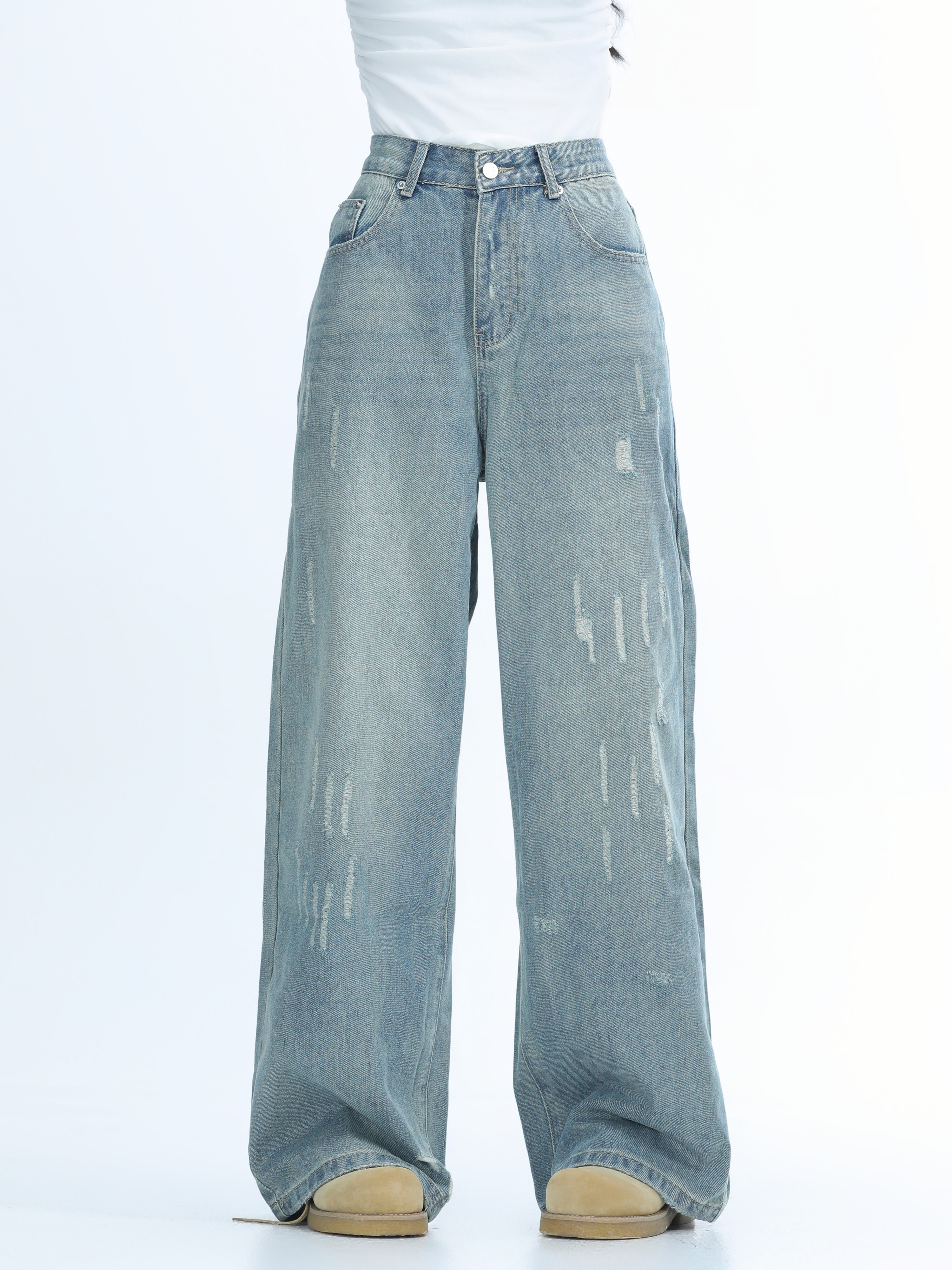 American Retro Distressed Ripped Denim Pants for Women - Washed Loose Slim Wide-Leg Trousers, Trendy Y2K Hot Girl Style