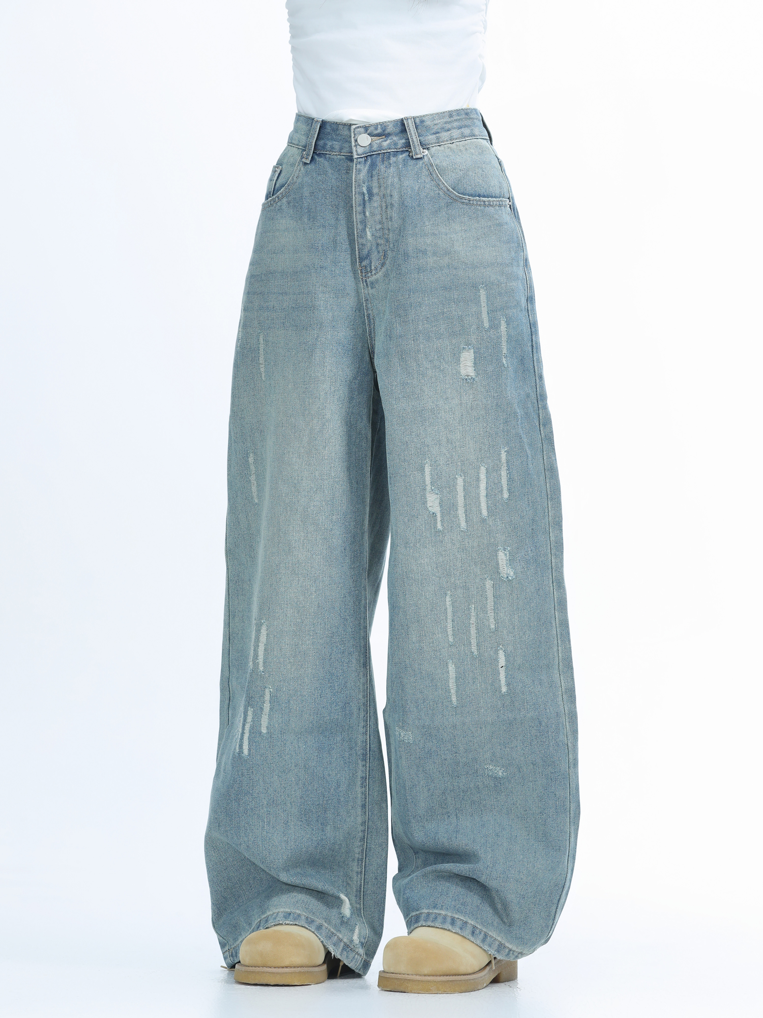 American Retro Distressed Ripped Denim Pants for Women - Washed Loose Slim Wide-Leg Trousers, Trendy Y2K Hot Girl Style