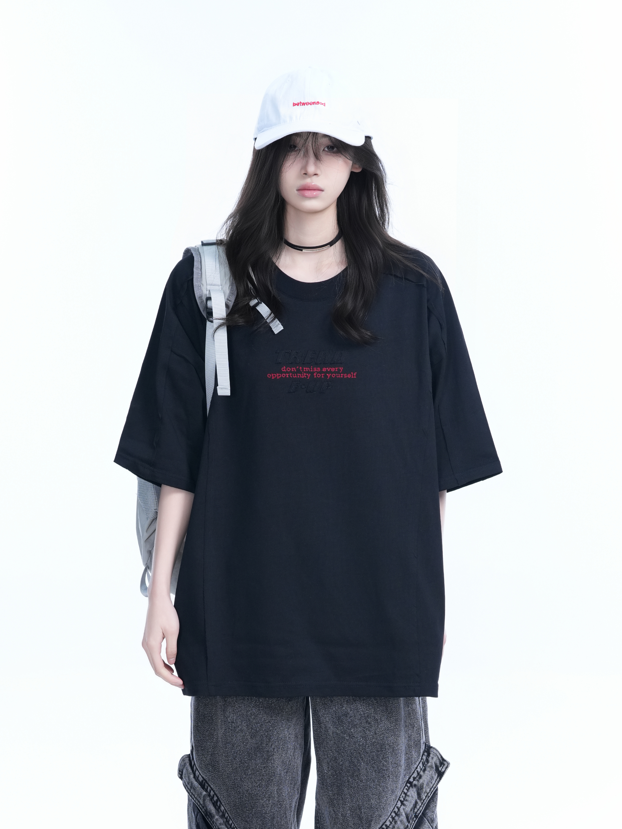 American Retro Embroidered Black Short-Sleeve T-Shirt for Women - Oversized Loose Fit, Trendy Summer Style