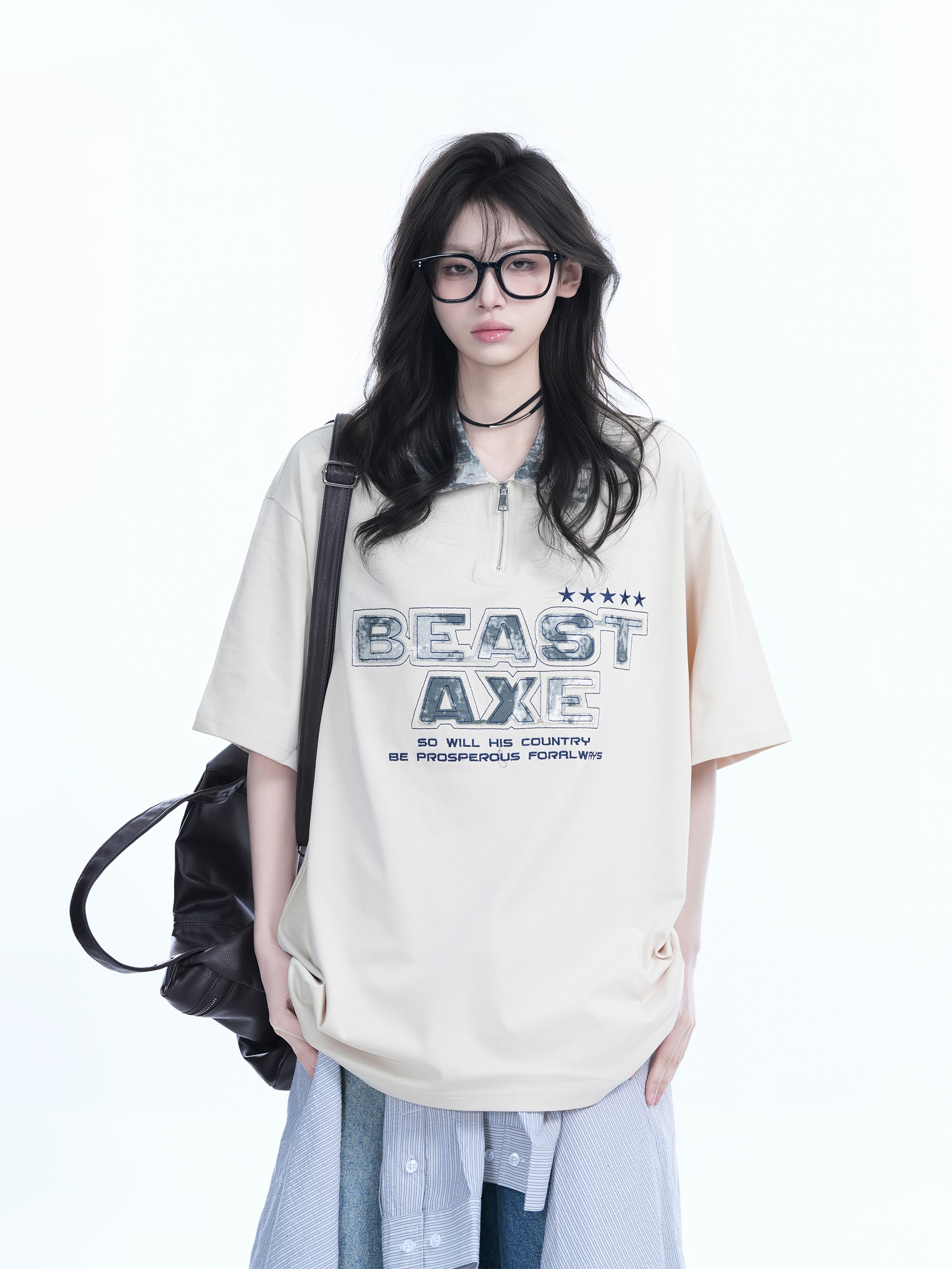 American Retro Embroidered Half-Zip Collar Oversized Short-Sleeve T-Shirt for Women - Casual Y2K Style Top