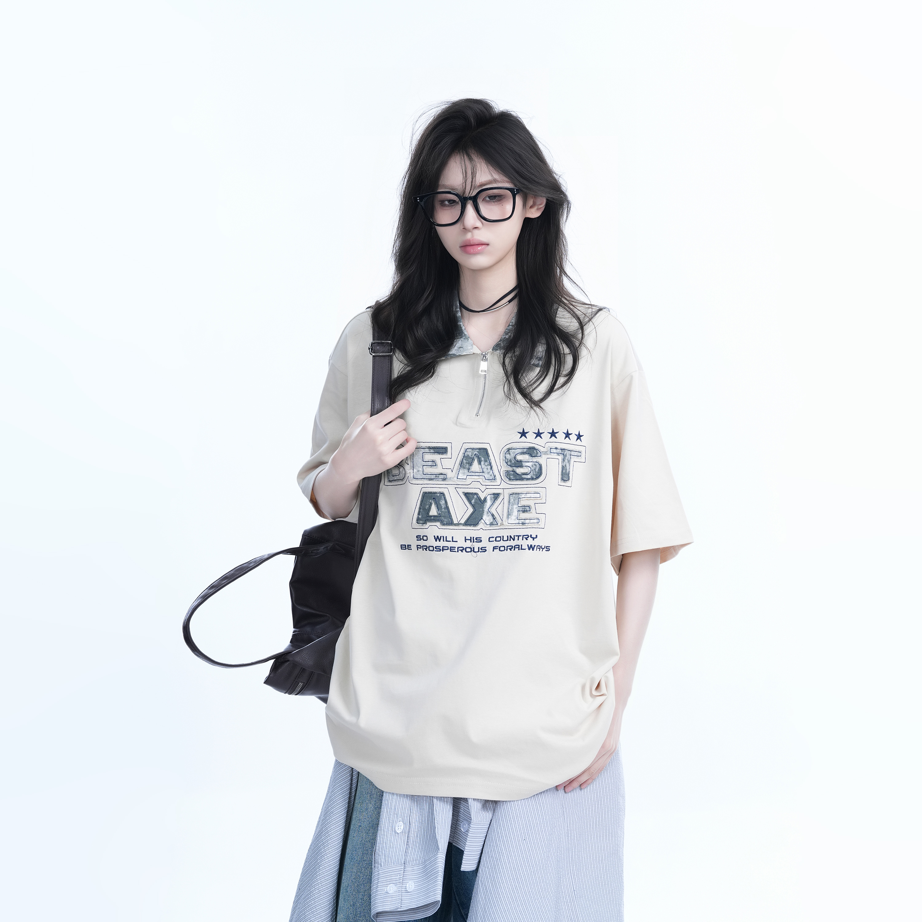 American Retro Embroidered Half-Zip Collar Oversized Short-Sleeve T-Shirt for Women - Casual Y2K Style Top