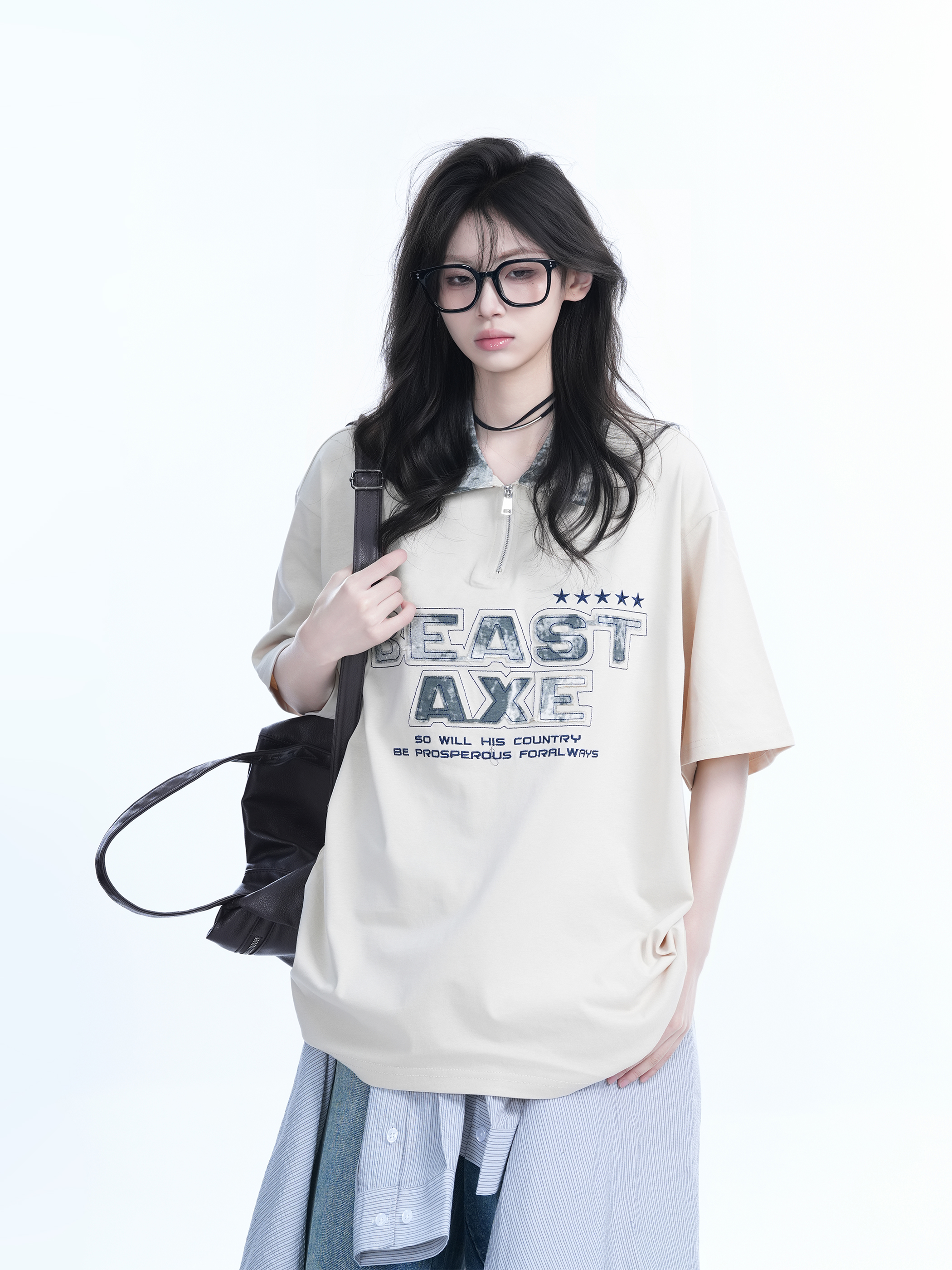 American Retro Embroidered Half-Zip Collar Oversized Short-Sleeve T-Shirt for Women - Casual Y2K Style Top