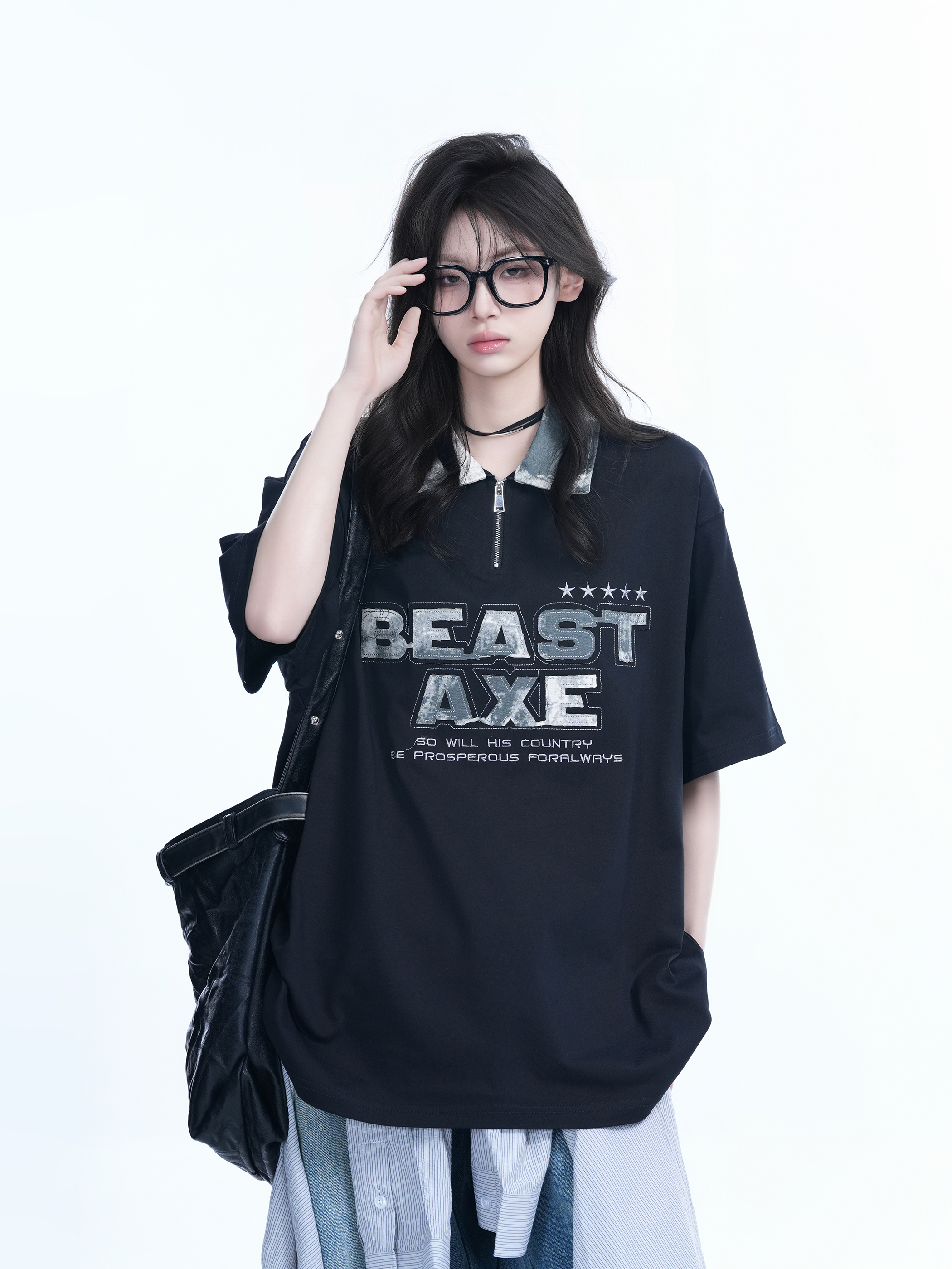 American Retro Embroidered Half-Zip Collar Oversized Short-Sleeve T-Shirt for Women - Casual Y2K Style Top