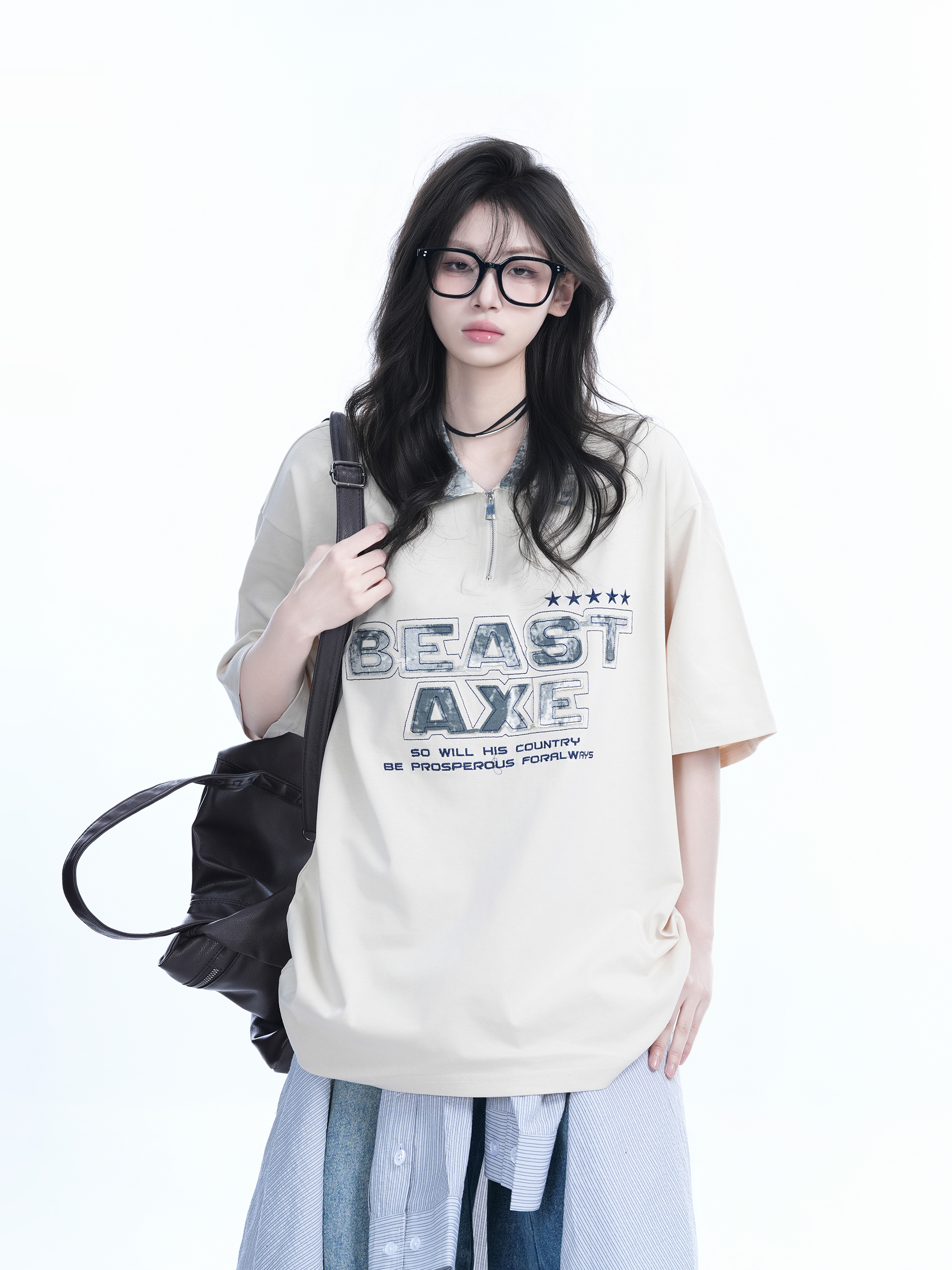 American Retro Embroidered Half-Zip Collar Oversized Short-Sleeve T-Shirt for Women - Casual Y2K Style Top