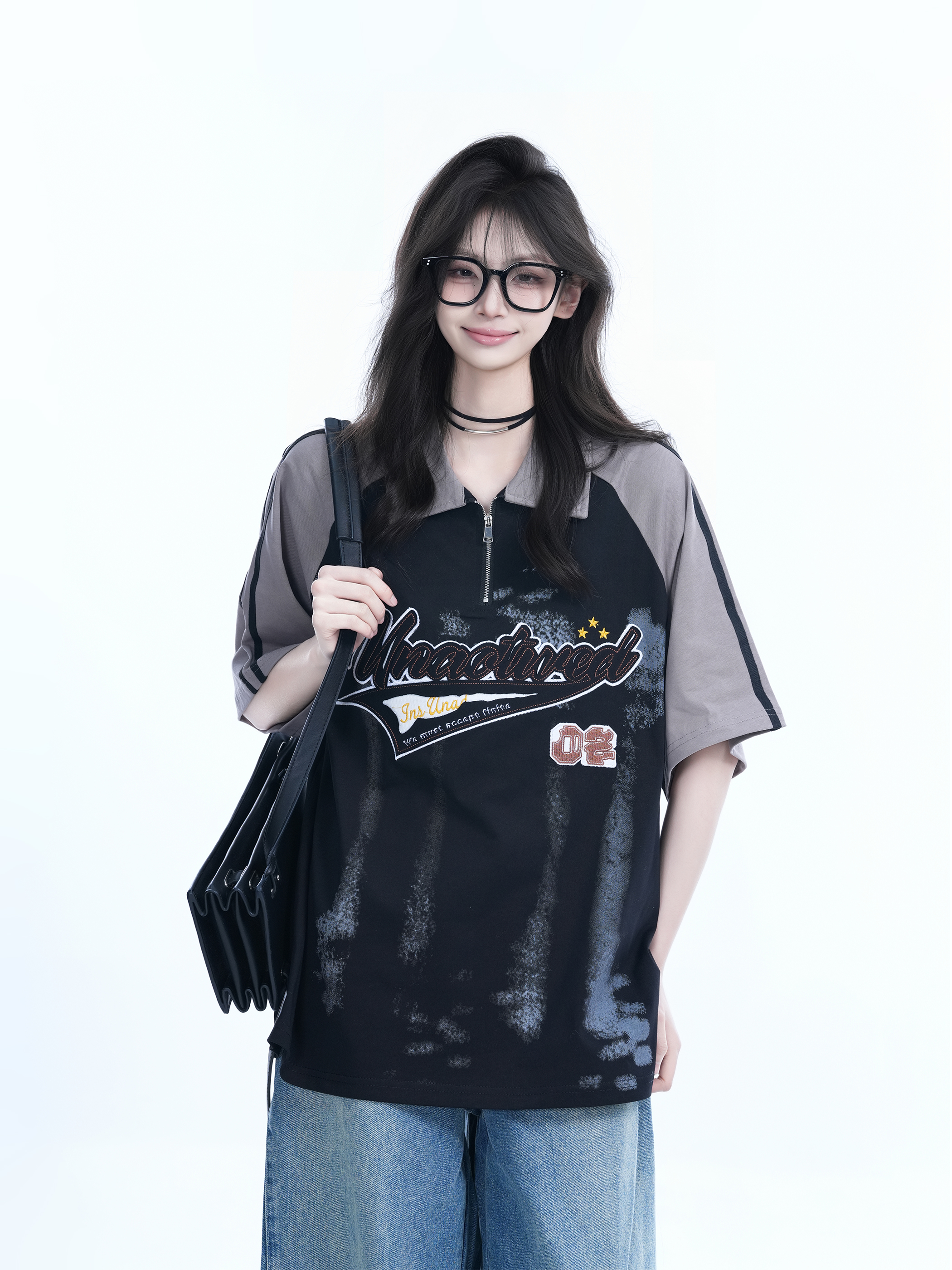 American Retro Embroidered Half-Zip Collar Short Sleeve T-Shirt for Women, Loose Fit, Trendy Vintage Style