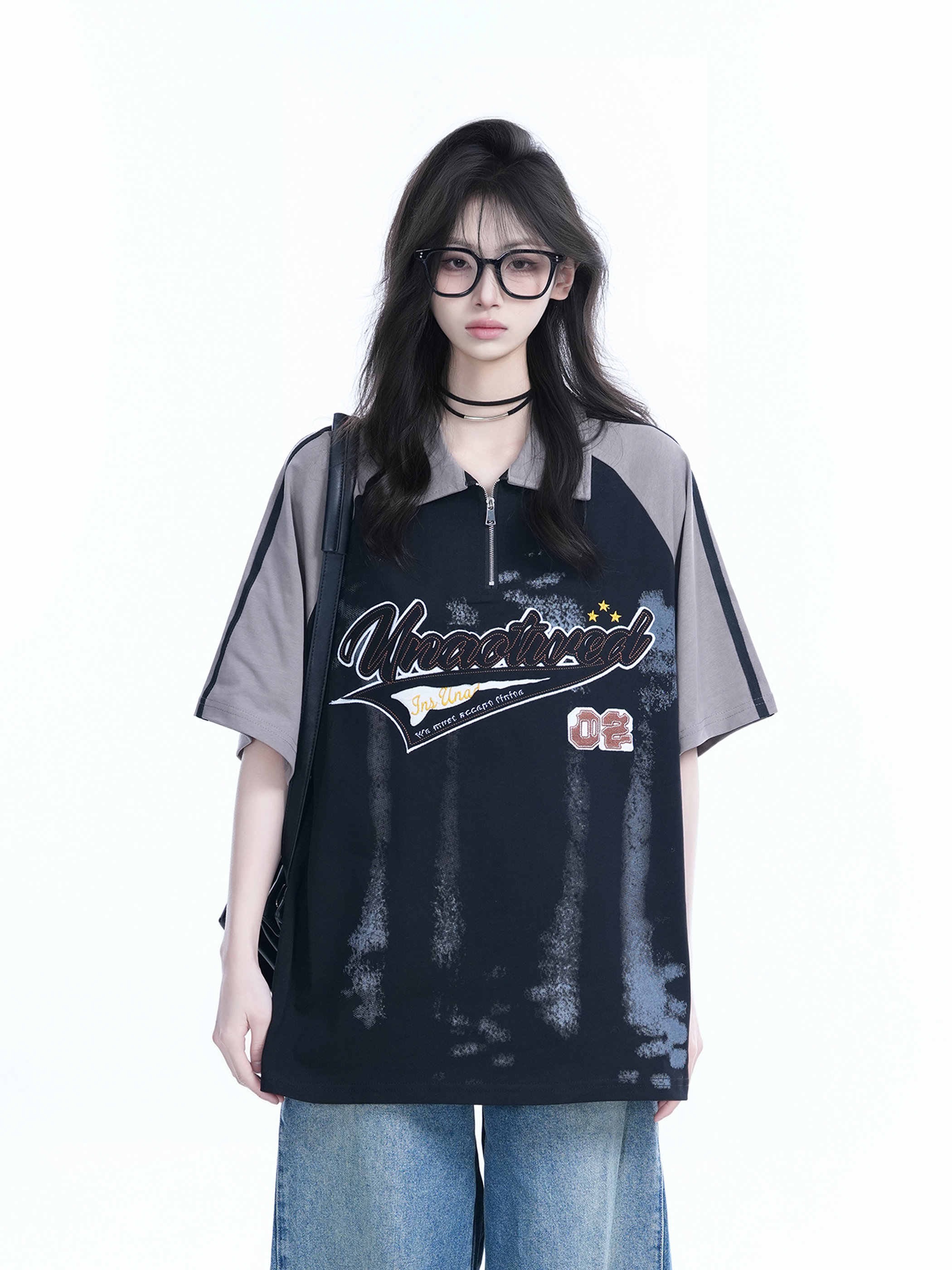 American Retro Embroidered Half-Zip Collar Short Sleeve T-Shirt for Women, Loose Fit, Trendy Vintage Style