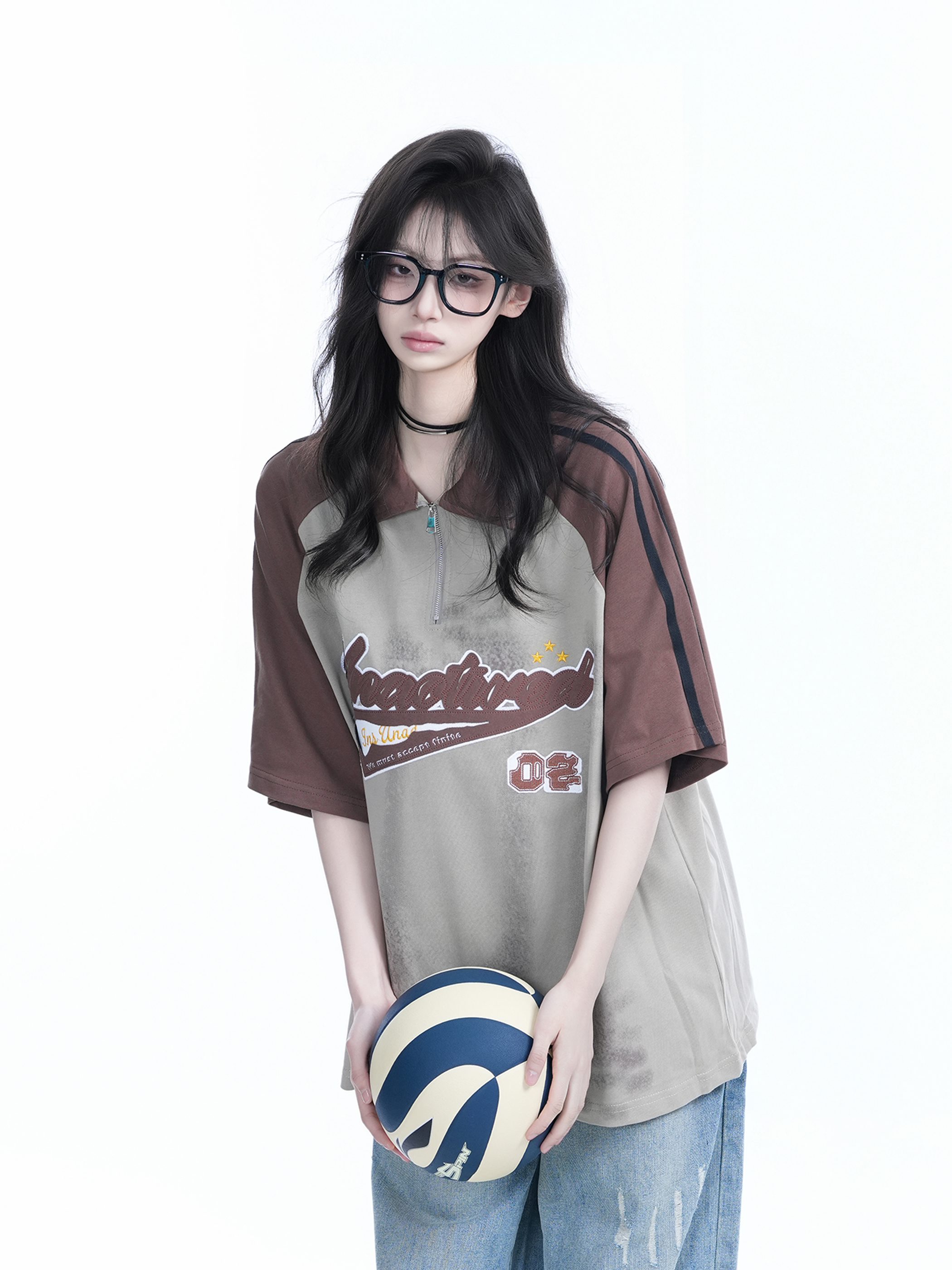 American Retro Embroidered Half-Zip Collar Short Sleeve T-Shirt for Women, Loose Fit, Trendy Vintage Style