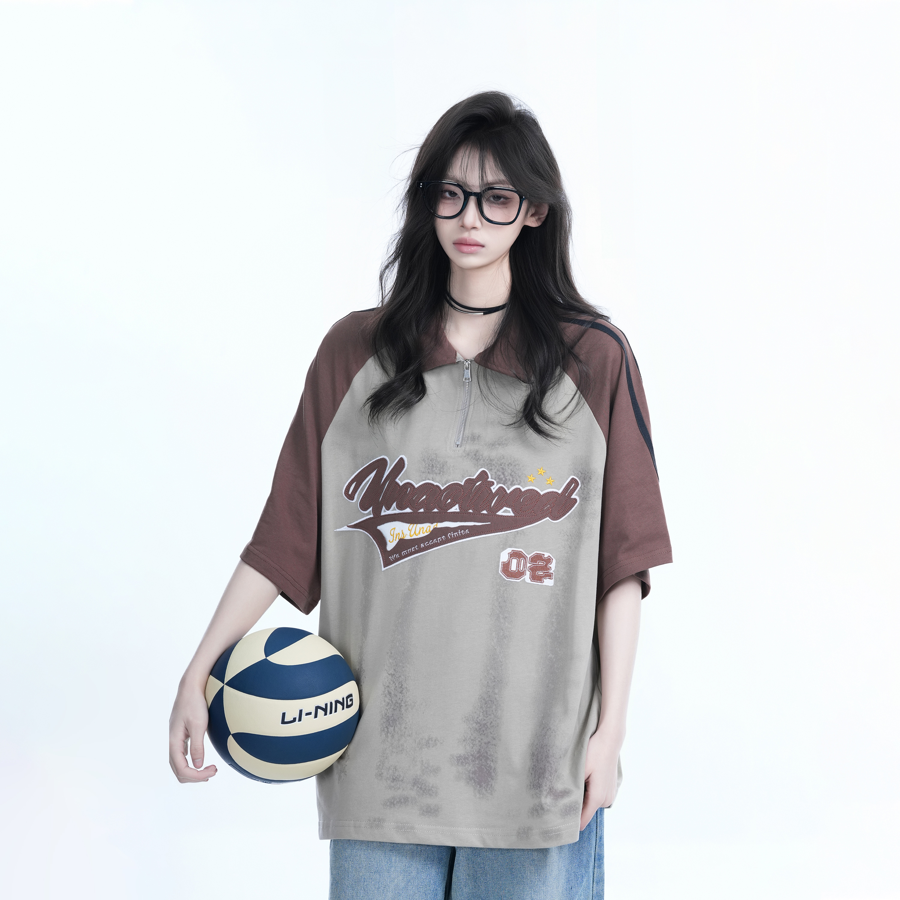 American Retro Embroidered Half-Zip Collar Short Sleeve T-Shirt for Women, Loose Fit, Trendy Vintage Style
