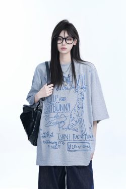 American Retro Graffiti Oversized Short Sleeve T-Shirt for Women - 