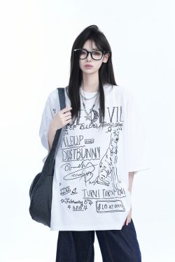American Retro Graffiti Oversized Short Sleeve T-Shirt for Women - 