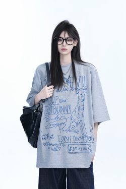 American Retro Graffiti Oversized Short Sleeve T-Shirt for Women - "Sit and Eat Until the Mountains Are Empty" Trendy Casual Style
