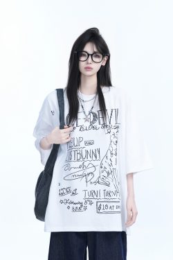 American Retro Graffiti Oversized Short Sleeve T-Shirt for Women - 