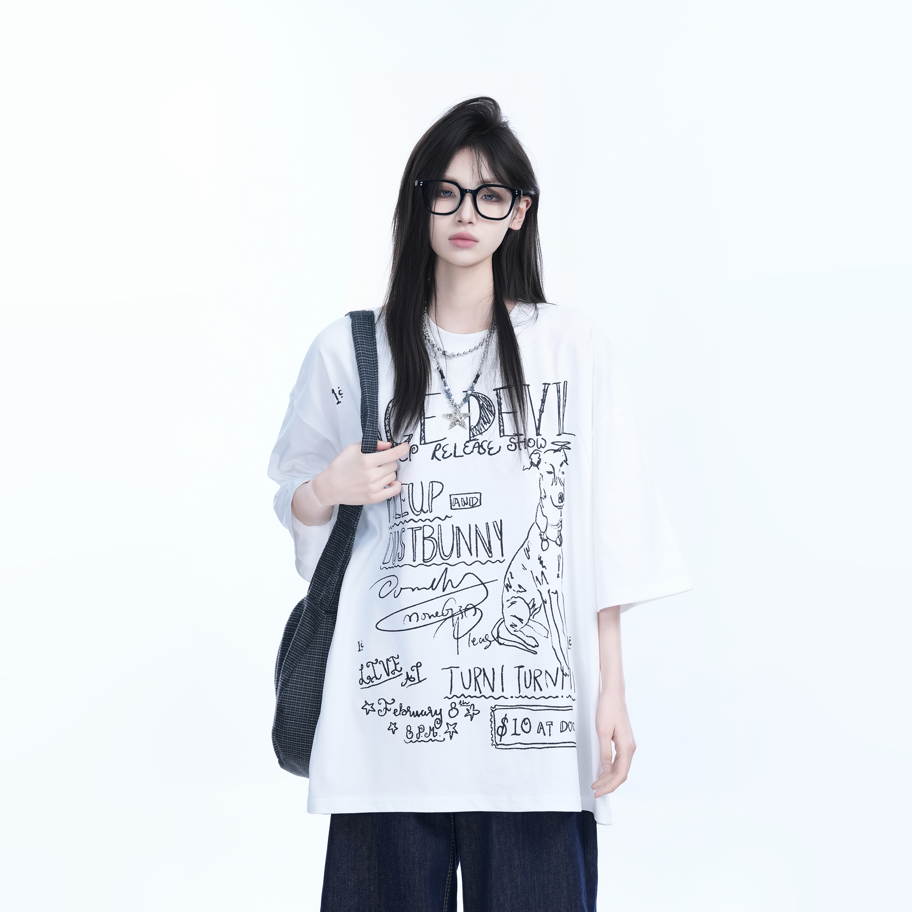 American Retro Graffiti Oversized Short Sleeve T-Shirt for Women - "Sit and Eat Until the Mountains Are Empty" Trendy Casual Style
