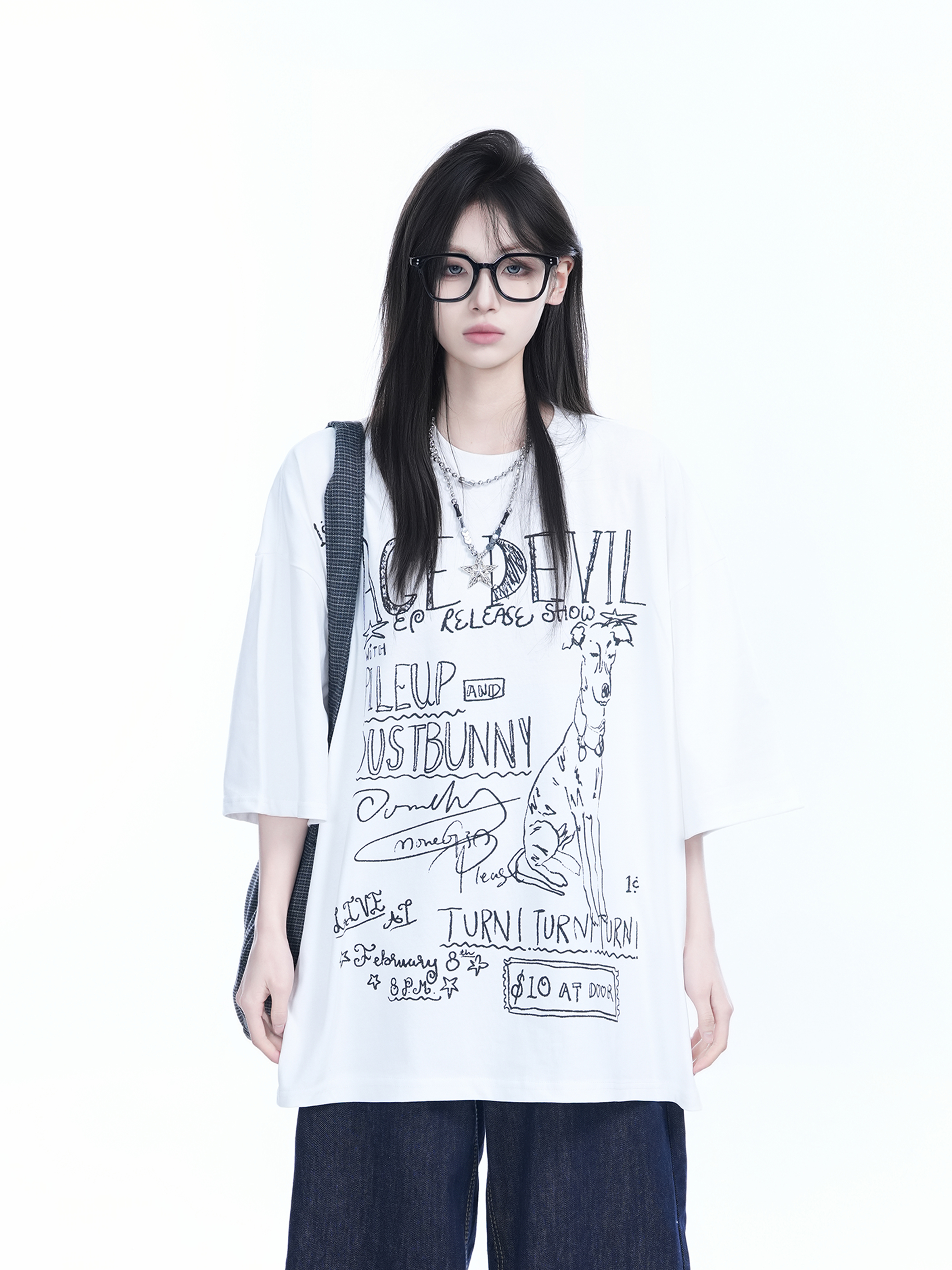 American Retro Graffiti Oversized Short Sleeve T-Shirt for Women - "Sit and Eat Until the Mountains Are Empty" Trendy Casual Style