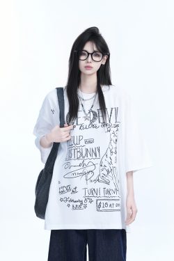 American Retro Graffiti Oversized Short Sleeve T-Shirt for Women - 