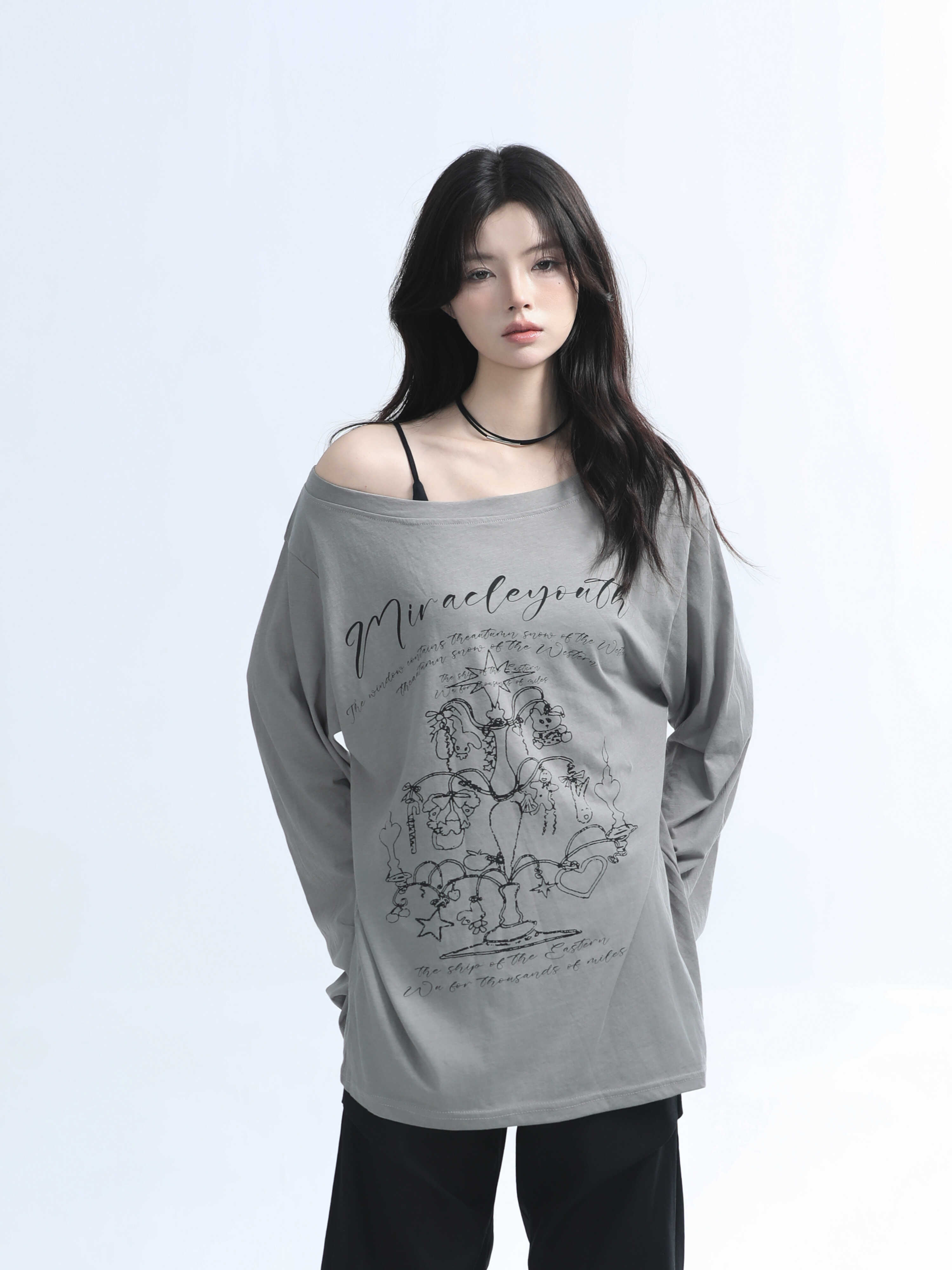 American Retro Off-Shoulder Long Sleeve T-Shirt for Women - Summer Thin Loose Cover-Up with Sun Protection, Casual Fit