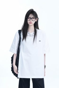 American Retro Oversized White Short Sleeve T-Shirt for Women - Summer Casual Loose Fit with 