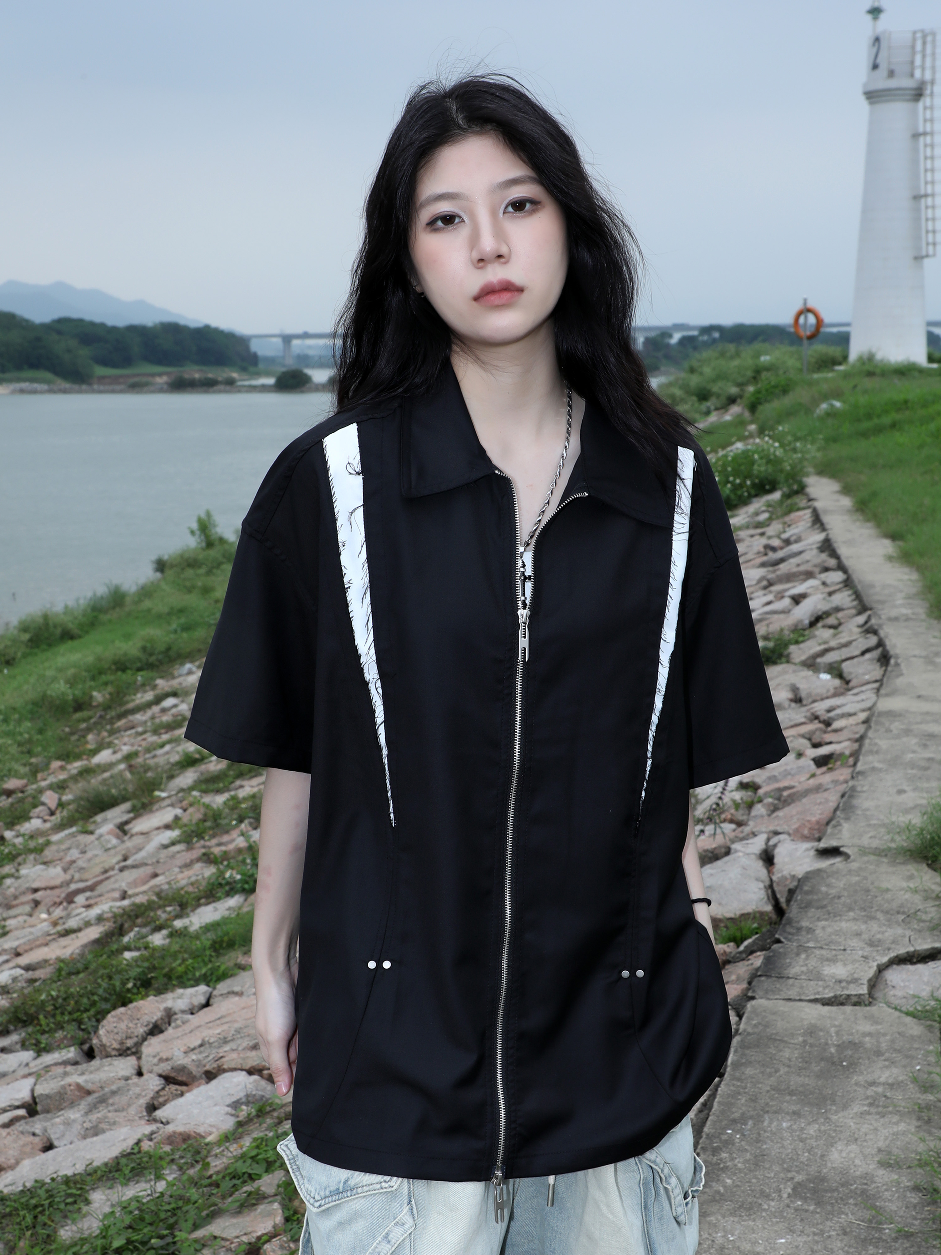 American Retro Patchwork Zip Short Sleeve Shirt for Women - Summer Loose Fit Casual Top, Y2K Street Style Fashion