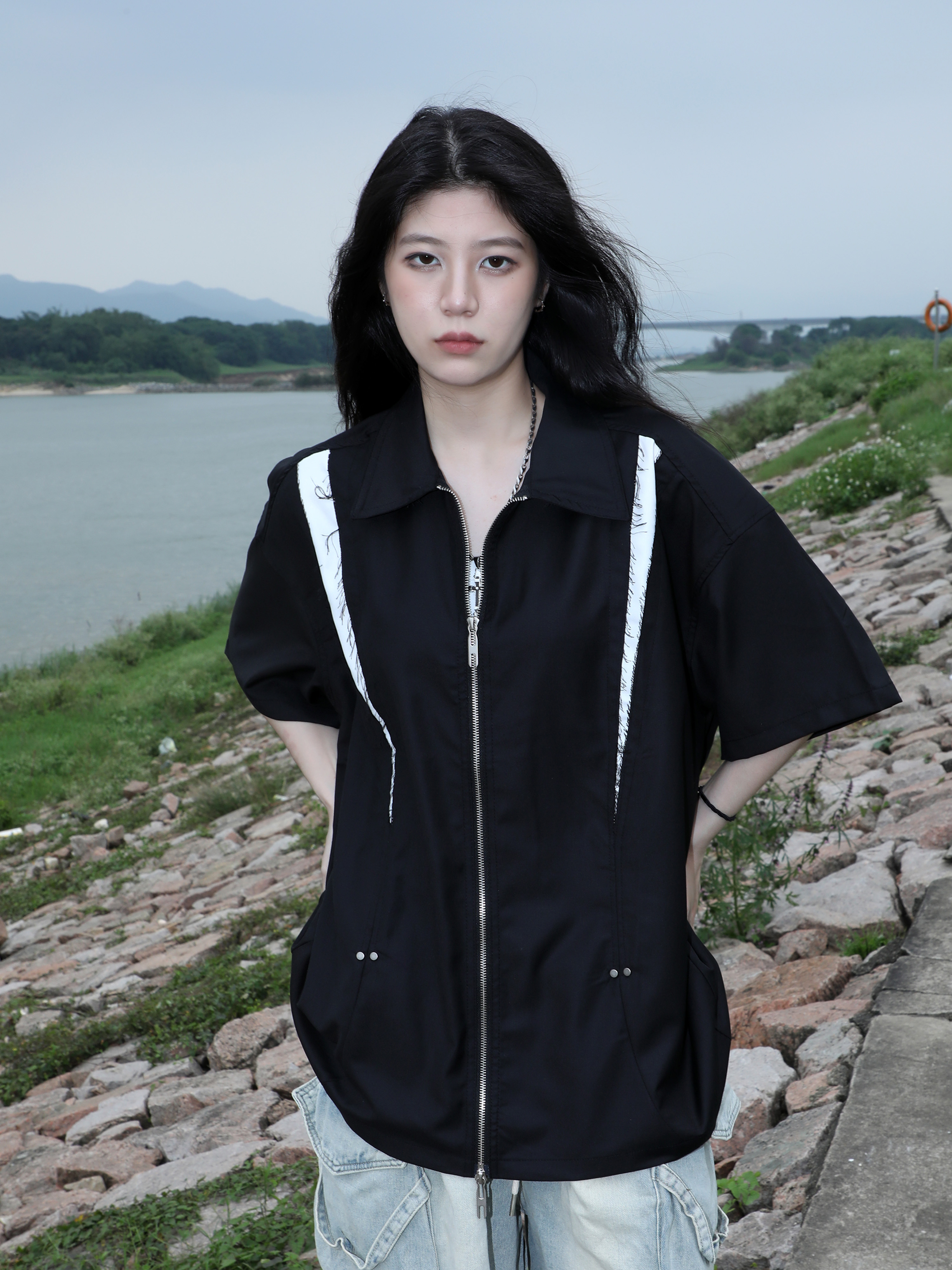 American Retro Patchwork Zip Short Sleeve Shirt for Women - Summer Loose Fit Casual Top, Y2K Street Style Fashion