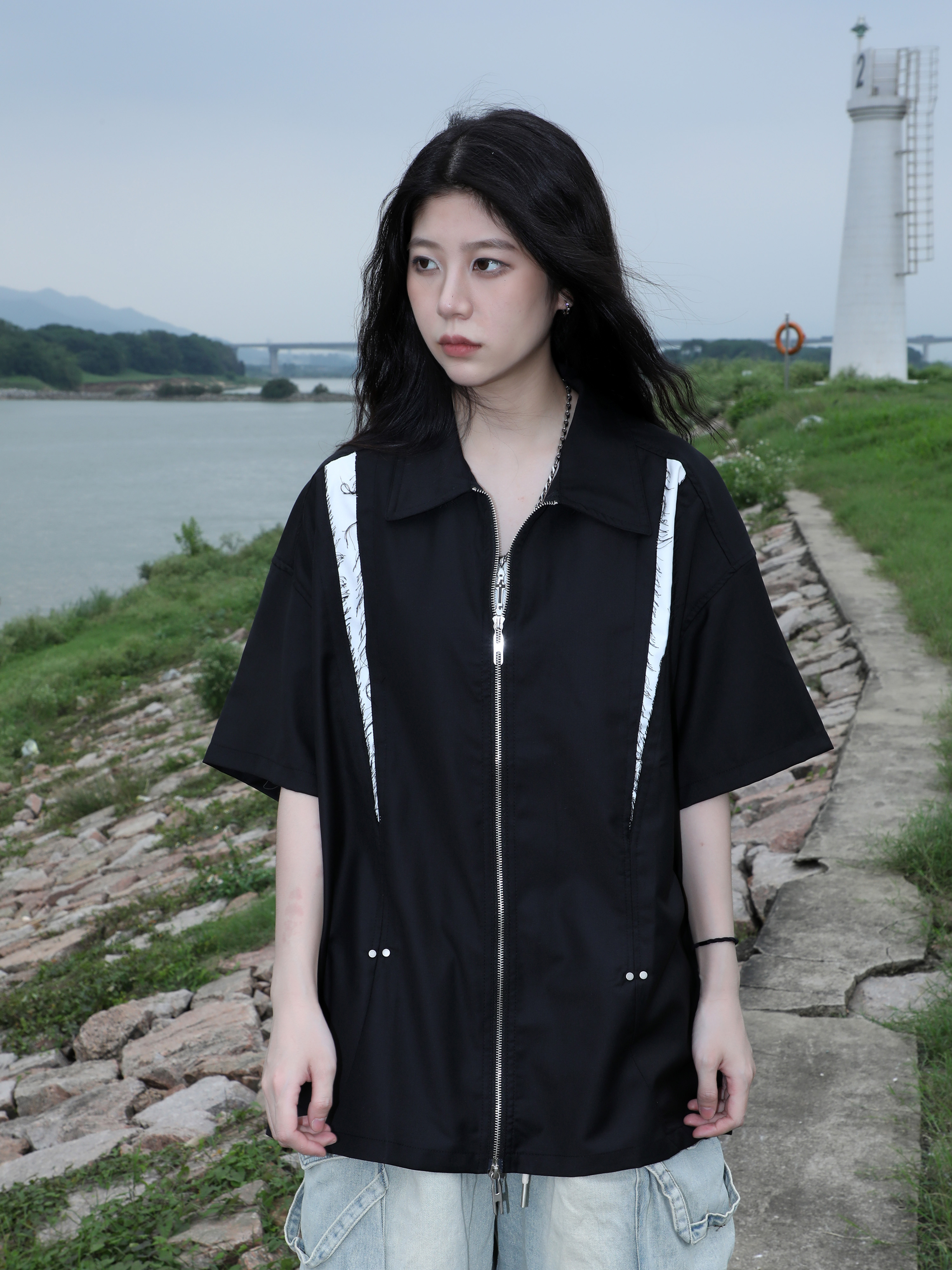 American Retro Patchwork Zip Short Sleeve Shirt for Women - Summer Loose Fit Casual Top, Y2K Street Style Fashion