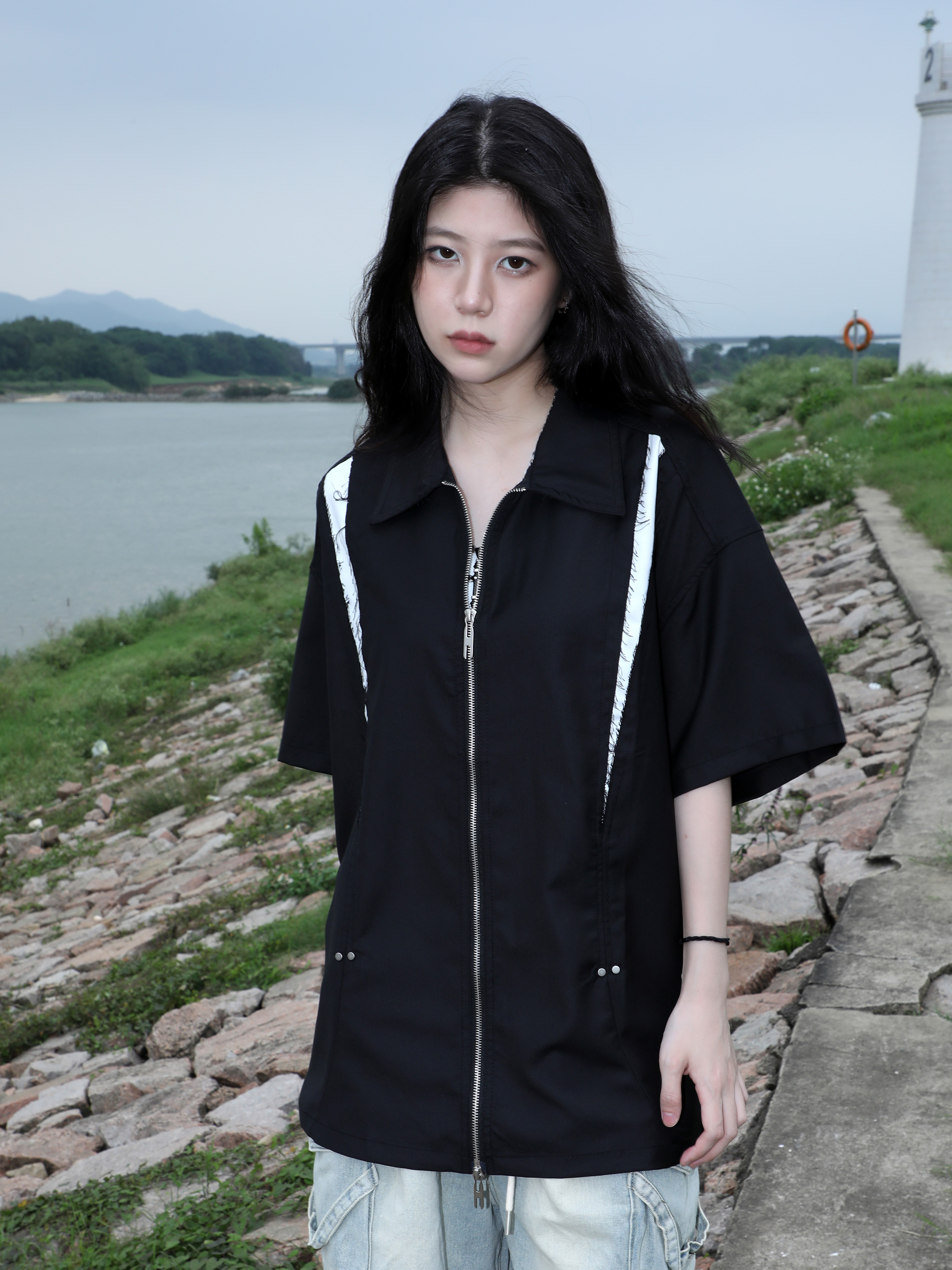American Retro Patchwork Zip Short Sleeve Shirt for Women - Summer Loose Fit Casual Top, Y2K Street Style Fashion