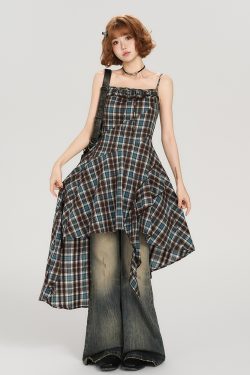 American Retro Plaid Spaghetti Strap Dress for Women - Fitted Summer Style, Cute Girly Design, Perfect for Y2K Fashion Lovers