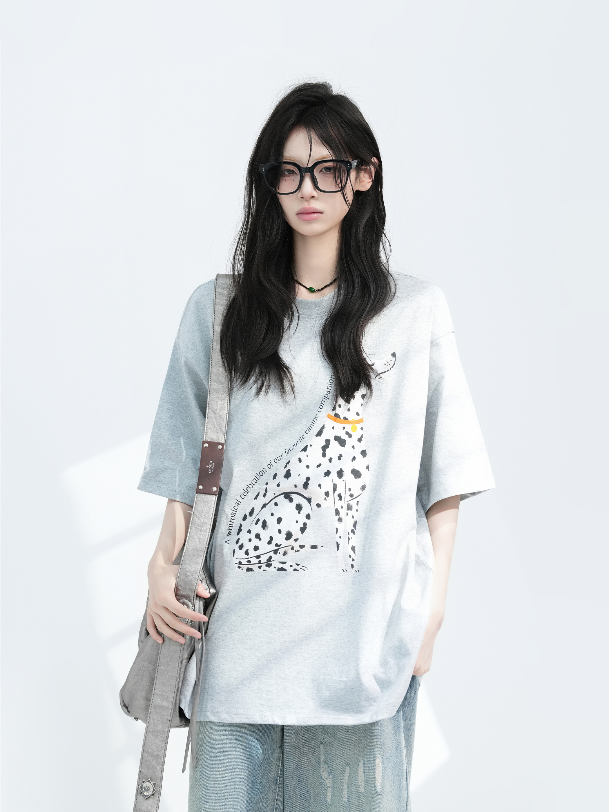 American Retro Spotted Dog Short Sleeve T-Shirt for Women - Loose Fit Heavyweight Summer Tee, Casual 90s Style Top