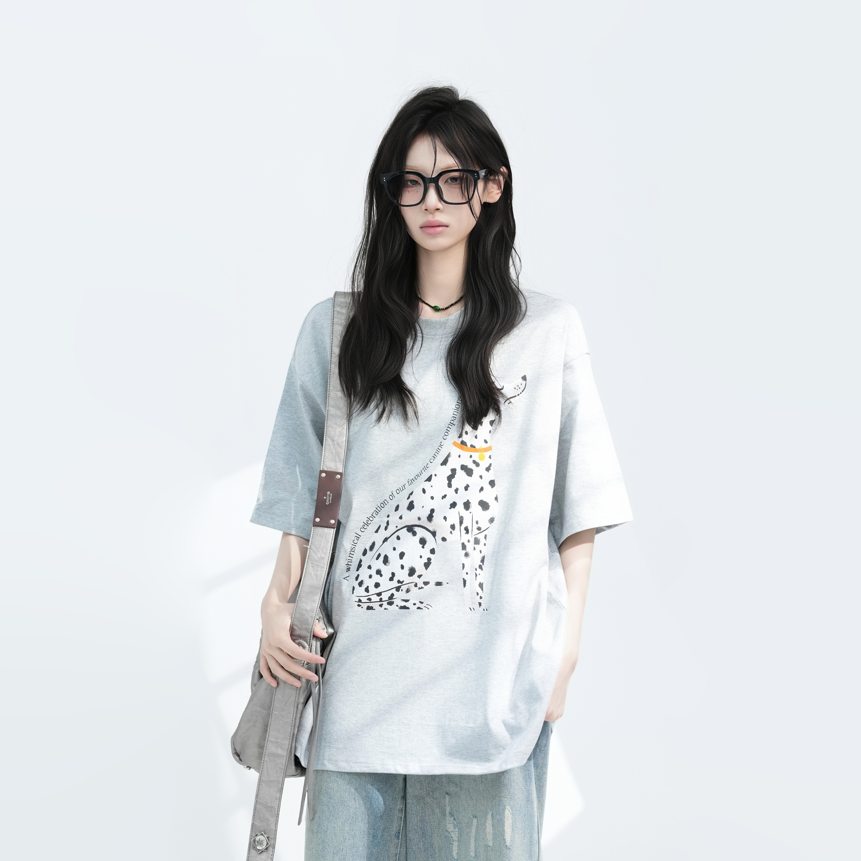 American Retro Spotted Dog Short Sleeve T-Shirt for Women - Loose Fit Heavyweight Summer Tee, Casual 90s Style Top