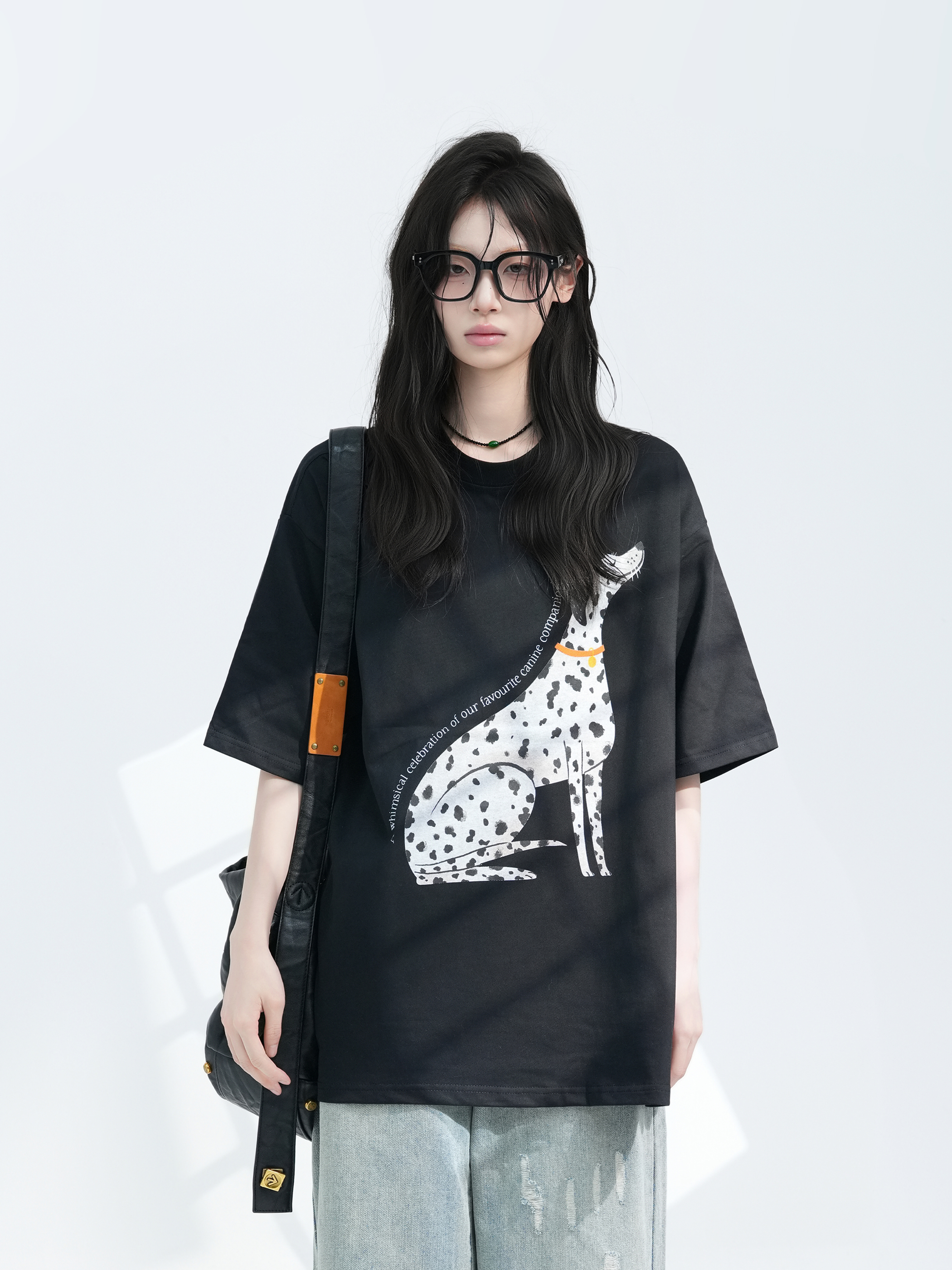 American Retro Spotted Dog Short Sleeve T-Shirt for Women - Loose Fit Heavyweight Summer Tee, Casual 90s Style Top