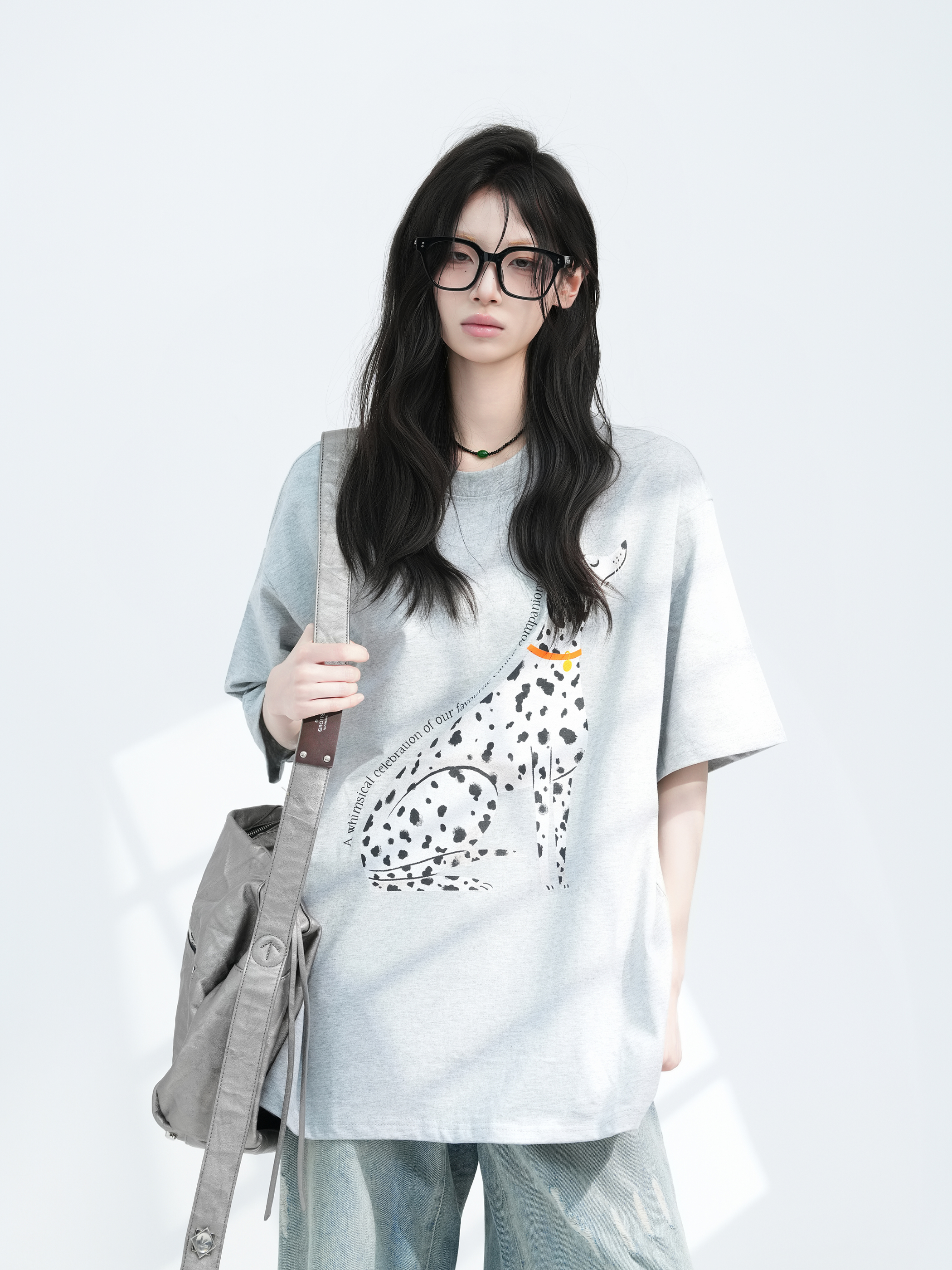 American Retro Spotted Dog Short Sleeve T-Shirt for Women - Loose Fit Heavyweight Summer Tee, Casual 90s Style Top